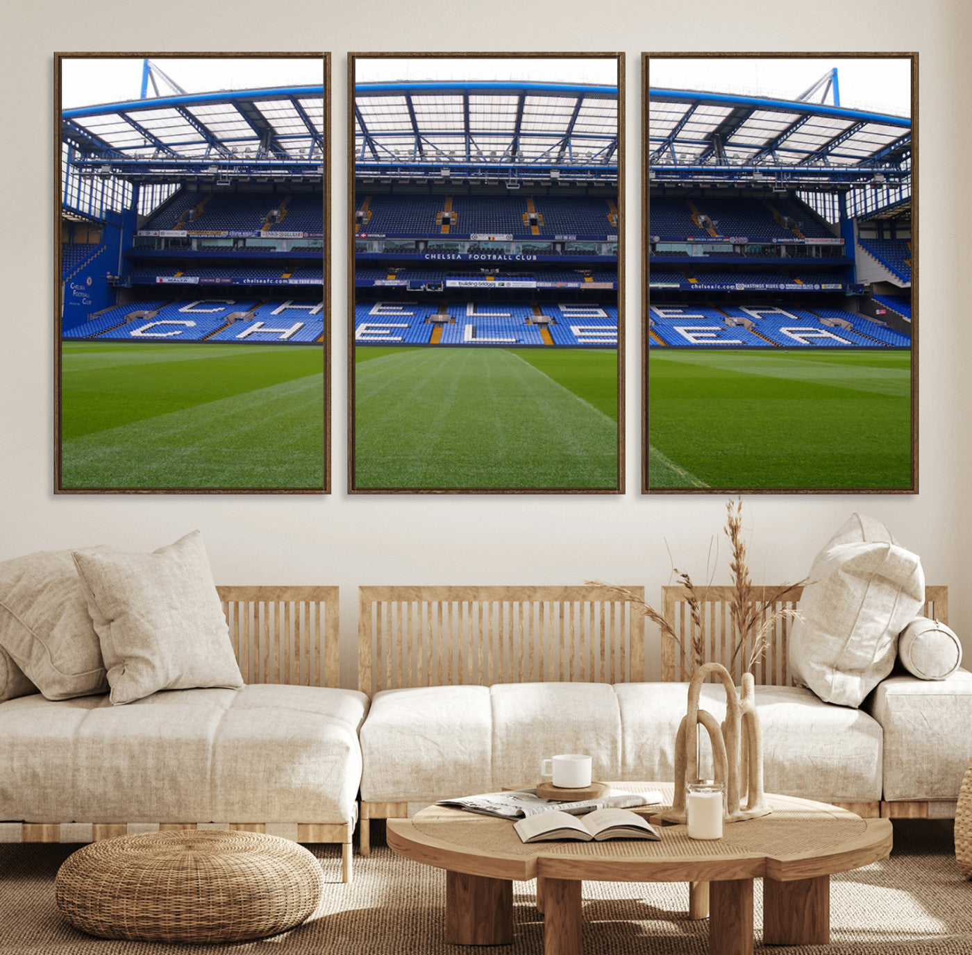 59508-MGV-FC-60X30-3P_Walnut-Chelsea Stadium Wall Art – Stamford Bridge Football Arena Canvas Print, Iconic Soccer Artwork for Living Room, Office, Game Room