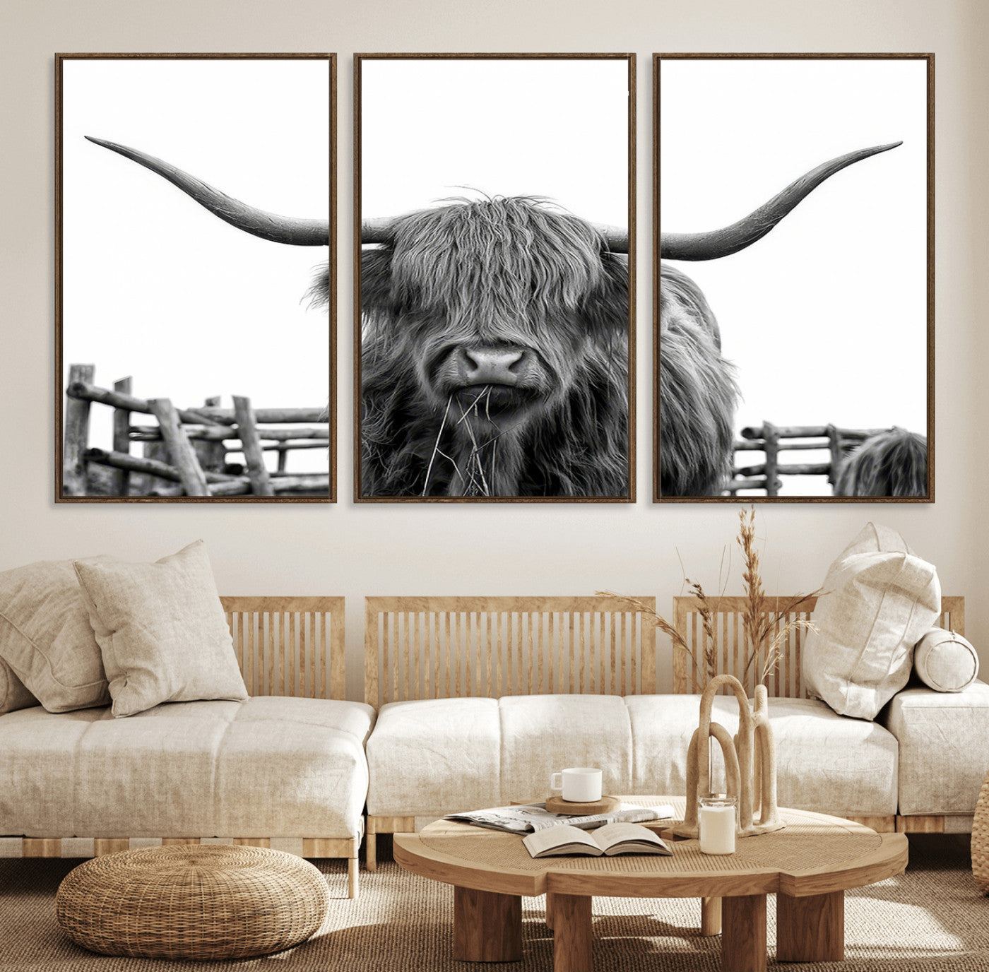 58188-MGV-FC-60X30-3P_Walnut-Highland Cow Wall Art – Black and White Rustic Farmhouse Canvas Print, Longhorn Cattle Photography Decor for Living Room or