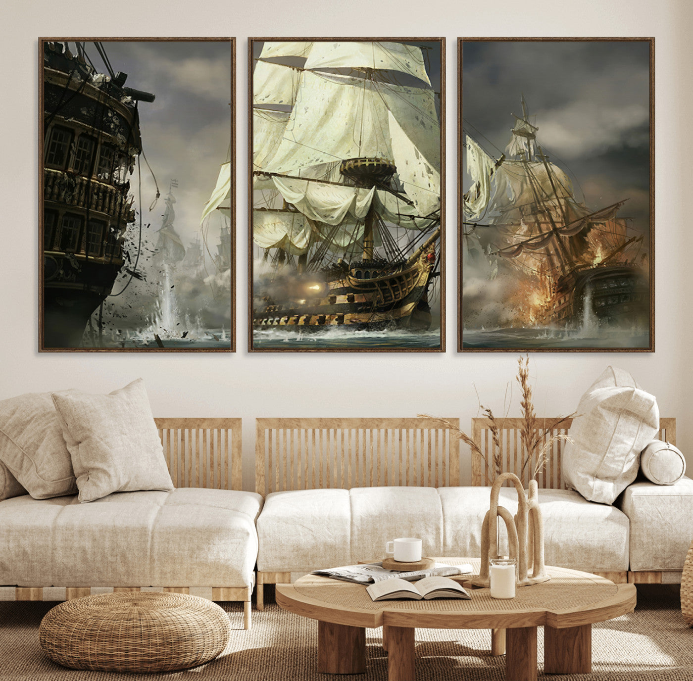 26512-MGV-FC-60X30-3P_Walnut-Naval Battle Wall Art – Dramatic Tall Ship Canvas Print, Historic Pirate Sailing War Scene, Nautical Decor for Office, Study or