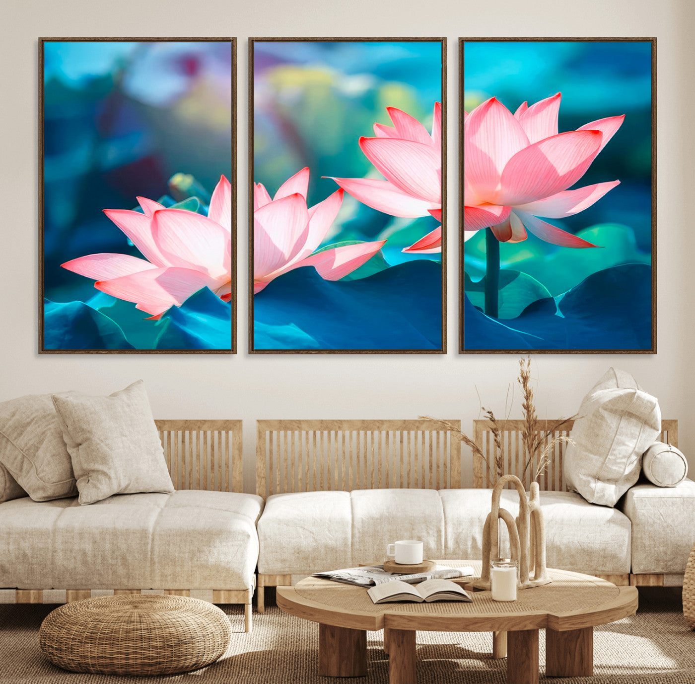 32559-MGV-FC-60X30-3P_Walnut-Lotus Flower Wall Art – Pink Water Lily Canvas Print, Tranquil Nature Decor for Living Room, Bedroom or Meditation Space