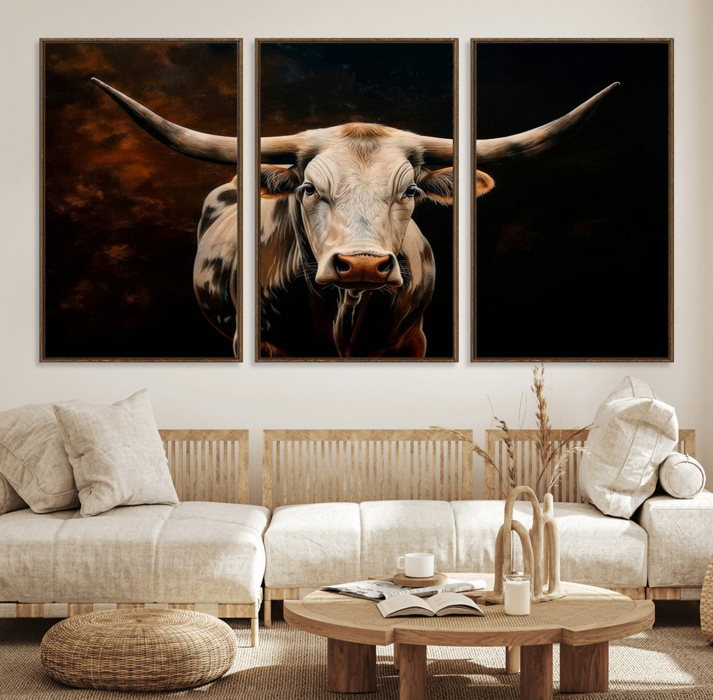 70522-MGV-FC-60X30-3P_Walnut-Longhorn Bull Wall Art – Striking Canvas Print of Majestic Bull, Premium Animal Decor for Home, Office, Man Cave, or Living Room