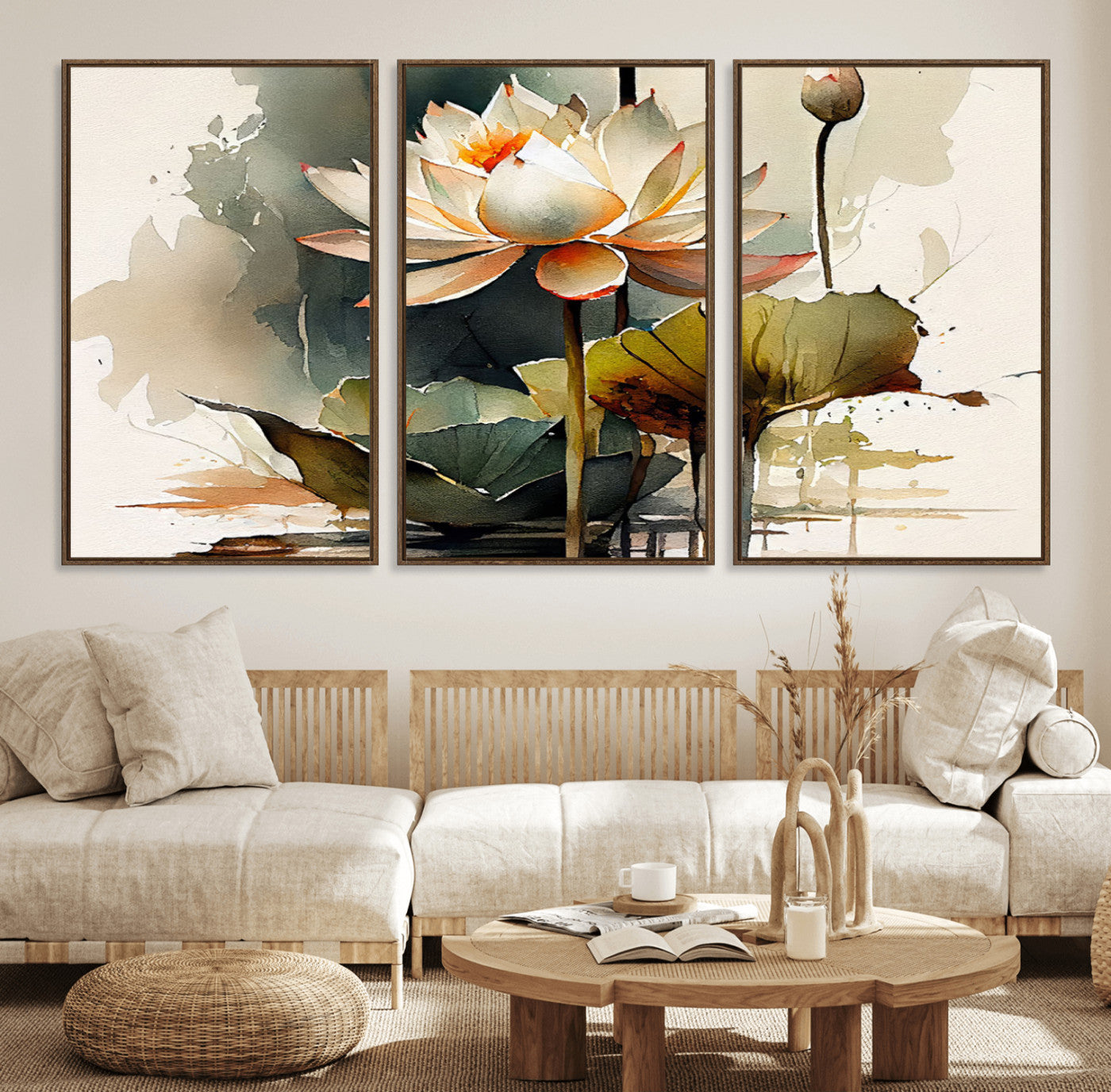 62531-MGV-FC-60X30-3P_Walnut-Lotus Flower Wall Art – Watercolor Botanical Canvas Print, Tranquil Nature Artwork for Living Room, Bedroom or Meditation Space