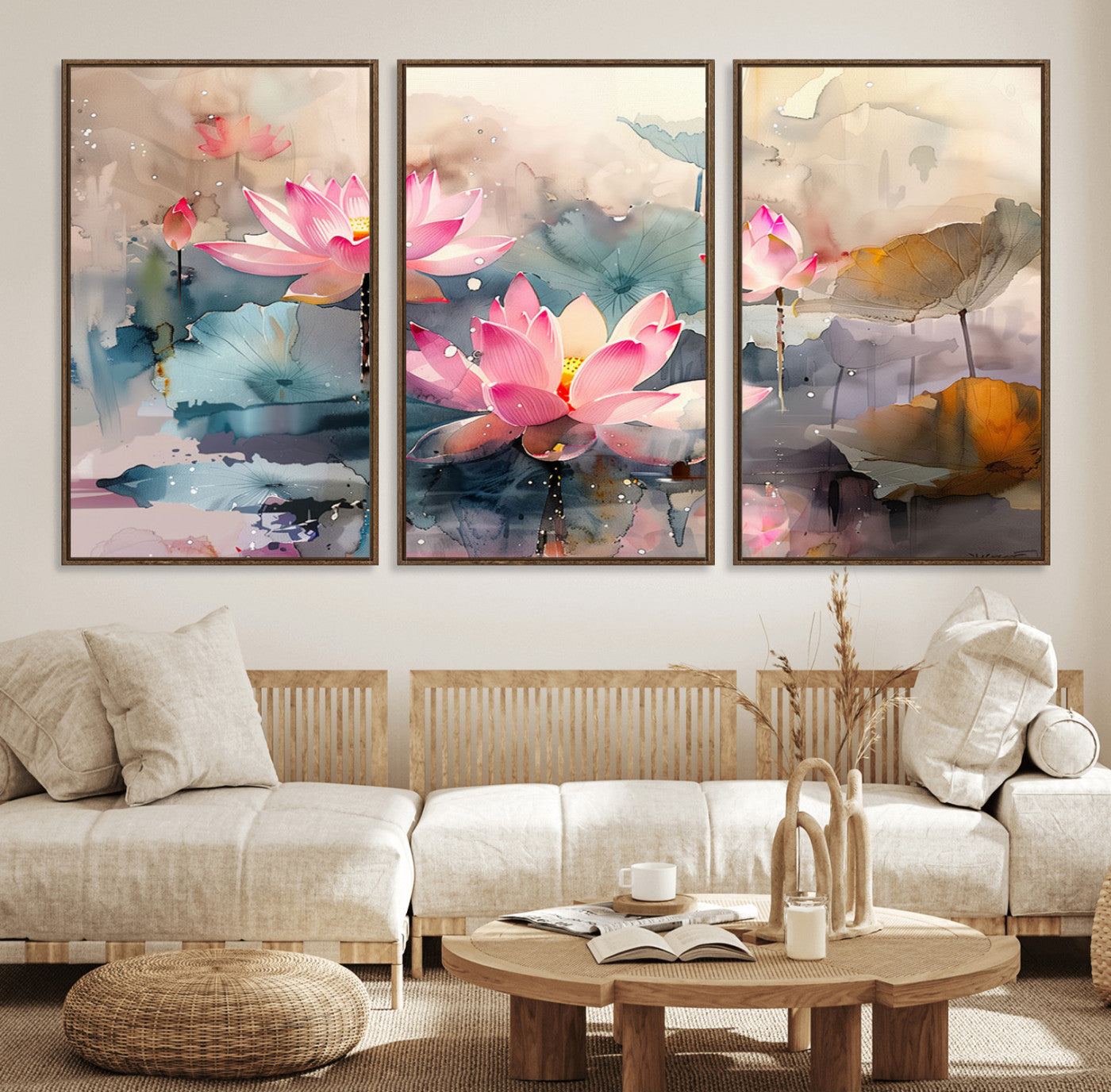 27936-MGV-FC-60X30-3P_Walnut-Lotus Pond Wall Art – Watercolor Pink Lotus Flowers Canvas Print, Tranquil Botanical Artwork for Bedroom, Living Room or
