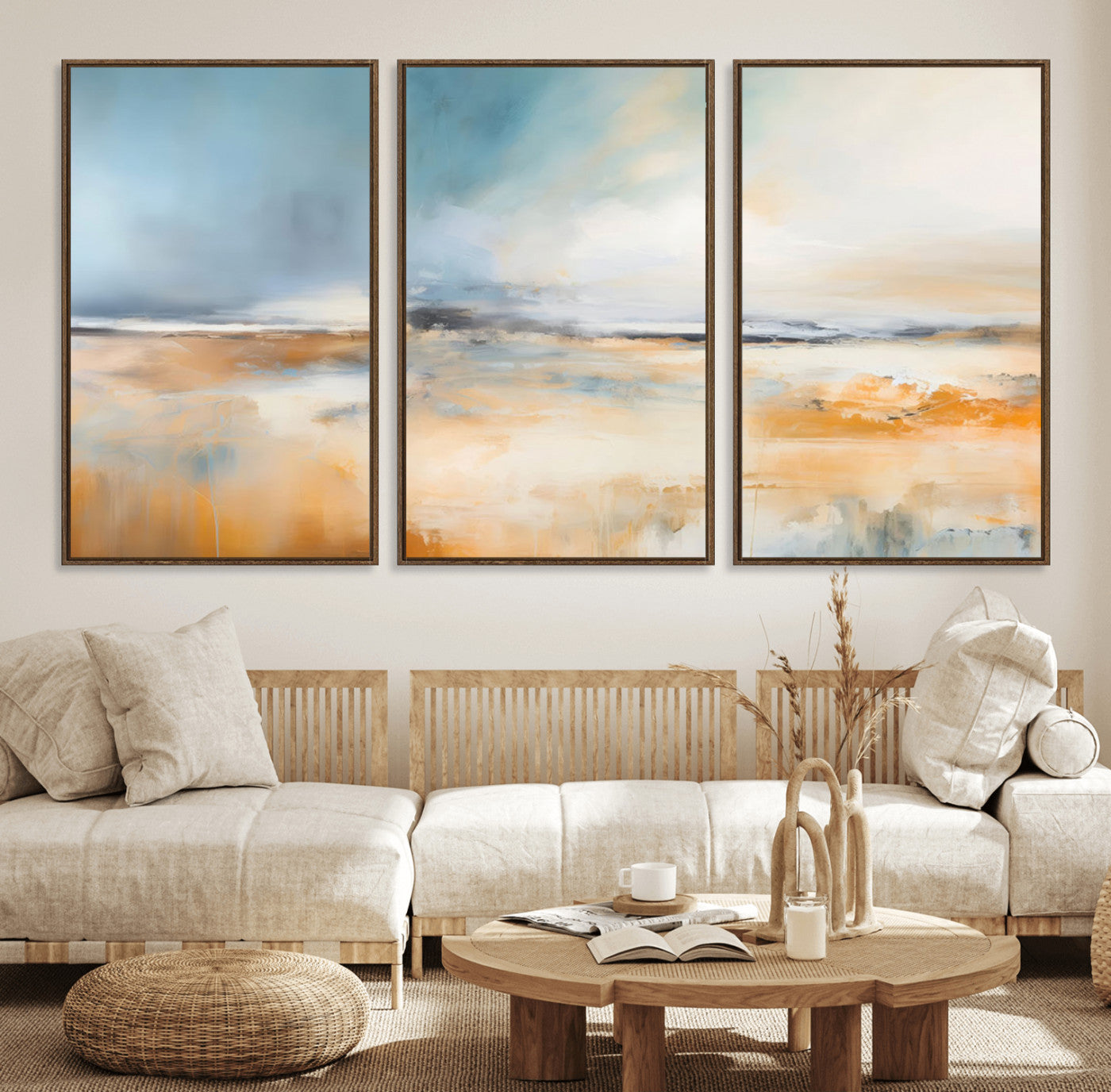 92764-MGV-FC-60X30-3P_Walnut-Abstract Landscape Wall Art – Modern Blue and Orange Canvas Print, Large Minimalist Painting for Living Room, Bedroom, Office or