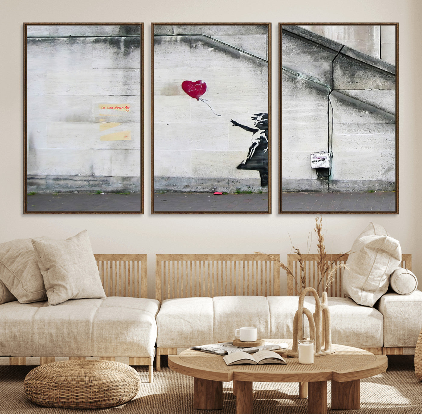50559-MGV-FC-60X30-3P_Walnut-Banksy Girl with Balloon Wall Art – Famous Street Graffiti Canvas Print, Modern Urban Artwork for Living Room, Bedroom or Office