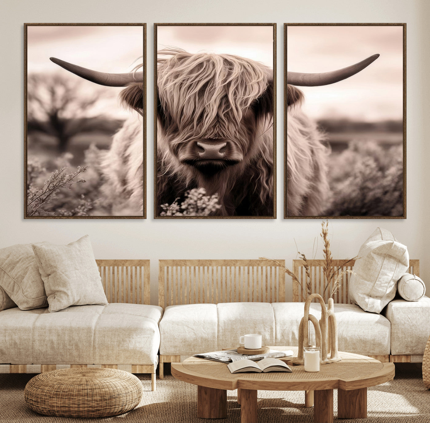 55903-MGV-FC-60X30-3P_Walnut-Highland Cow Wall Art – Rustic Sepia Scottish Highland Bull Canvas Print, Farmhouse Country Animal Decor for Living Room, Bedroom