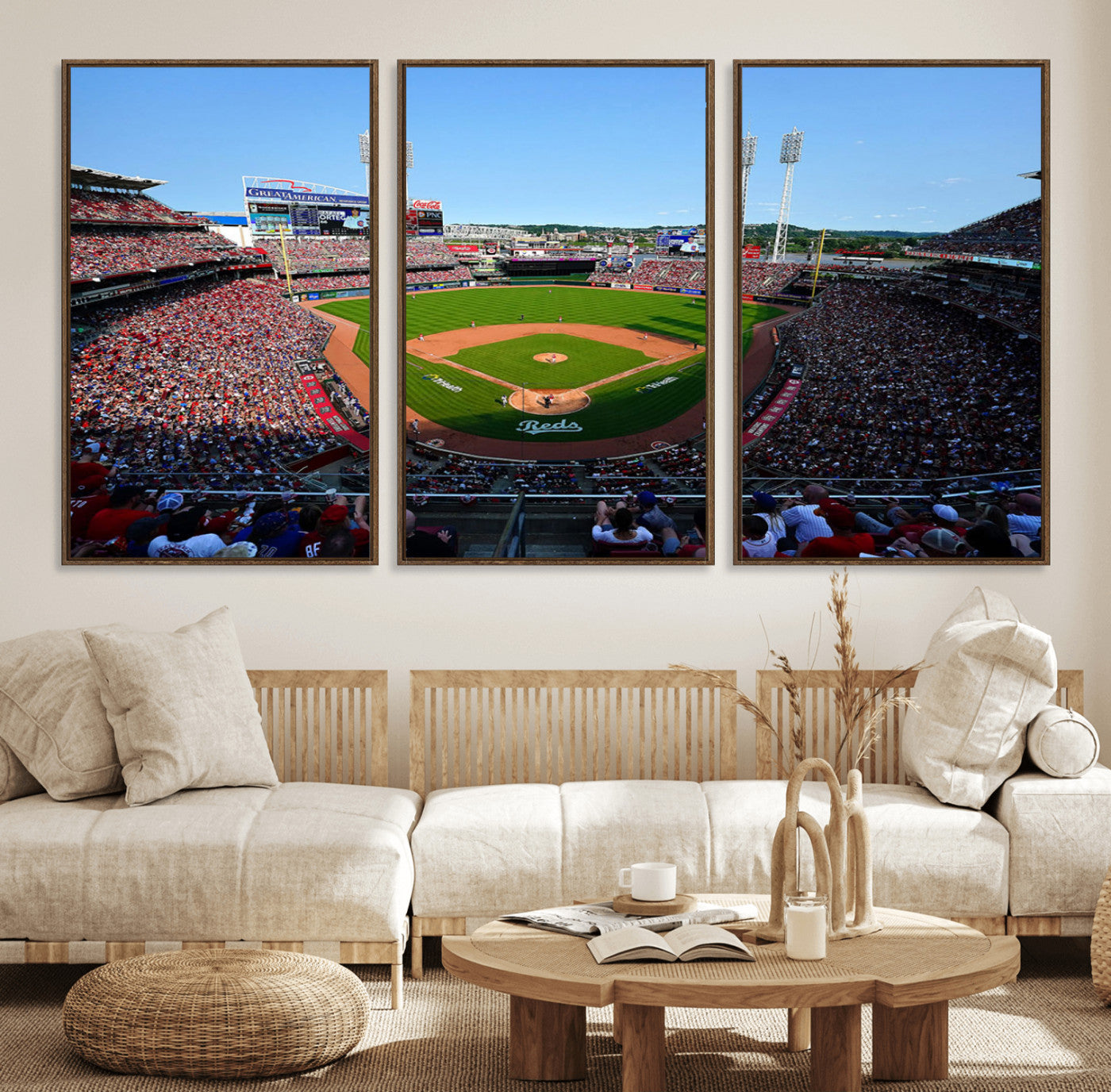 90998-MGV-FC-60X30-3P_Walnut-Baseball Stadium Wall Art – Canvas Print Day Game Field Packed Crowd Bright Blue Sky Sports Photography, Classic Decor for Game