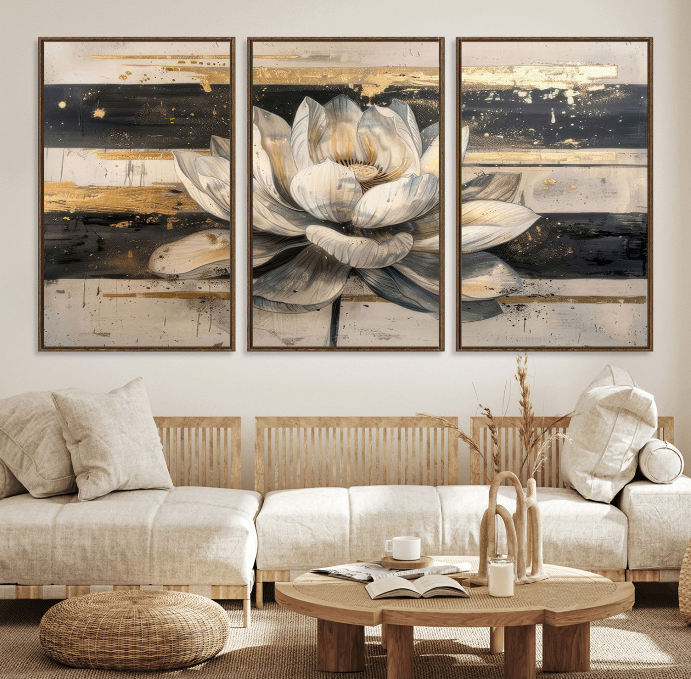 18807-MGV-FC-60X30-3P_Walnut-Lotus Flower Wall Art Canvas Print, Framed Abstract Lotus Art Picture Print, White Lotus Flower Perfect Abstract Floral Decor