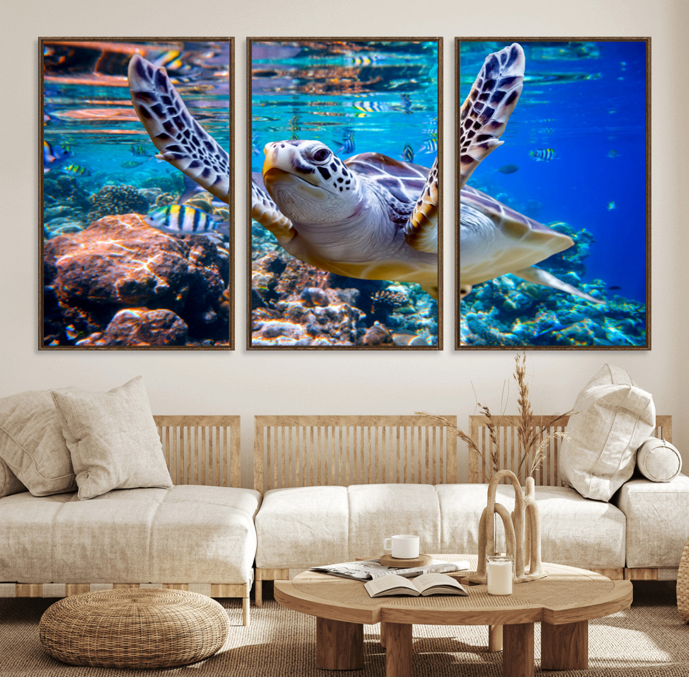 12683-MGV-FC-60X30-3P_Walnut-Sea Turtle Wall Art – Graceful Ocean Canvas Print with Coral Reef and Tropical Fish, Coastal Marine Life Decor for Beach House,
