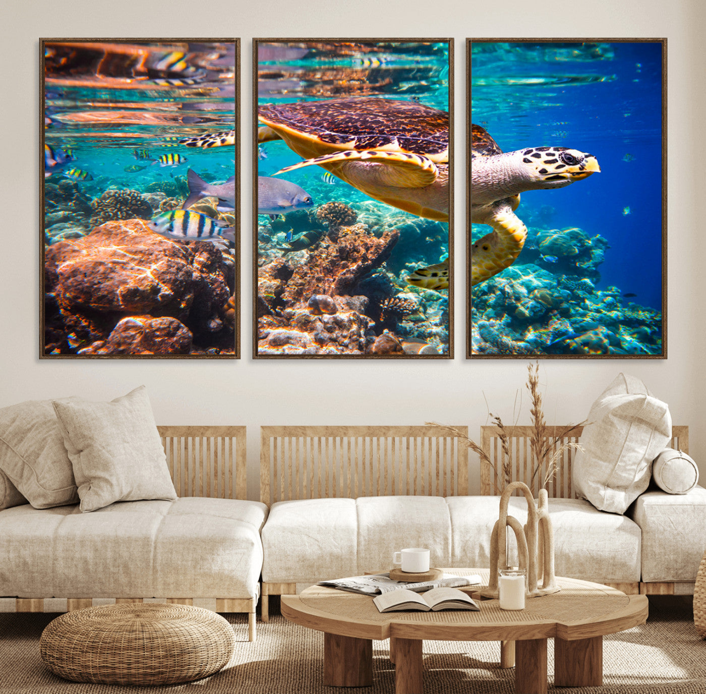 66614-MGV-FC-60X30-3P_Walnut-Sea Turtle Wall Art – Hawksbill Turtle Swimming Over Coral Reef Canvas Print, Ocean Marine Life Decor for Beach House, Coastal