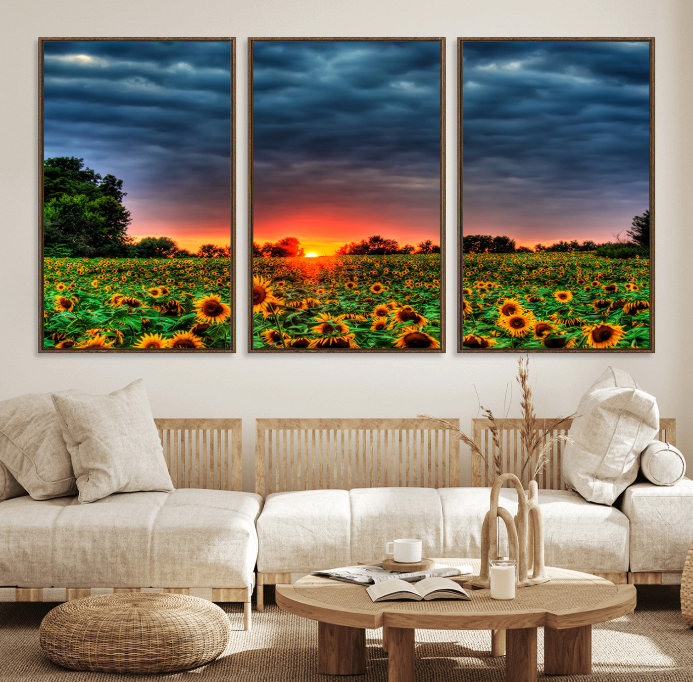 45045-MGV-CV-36X24-Sunflower Field Sunset Wall Art – Dramatic Stormy Sky Landscape Print, Vibrant Yellow Floral Nature Canvas for Living Room,