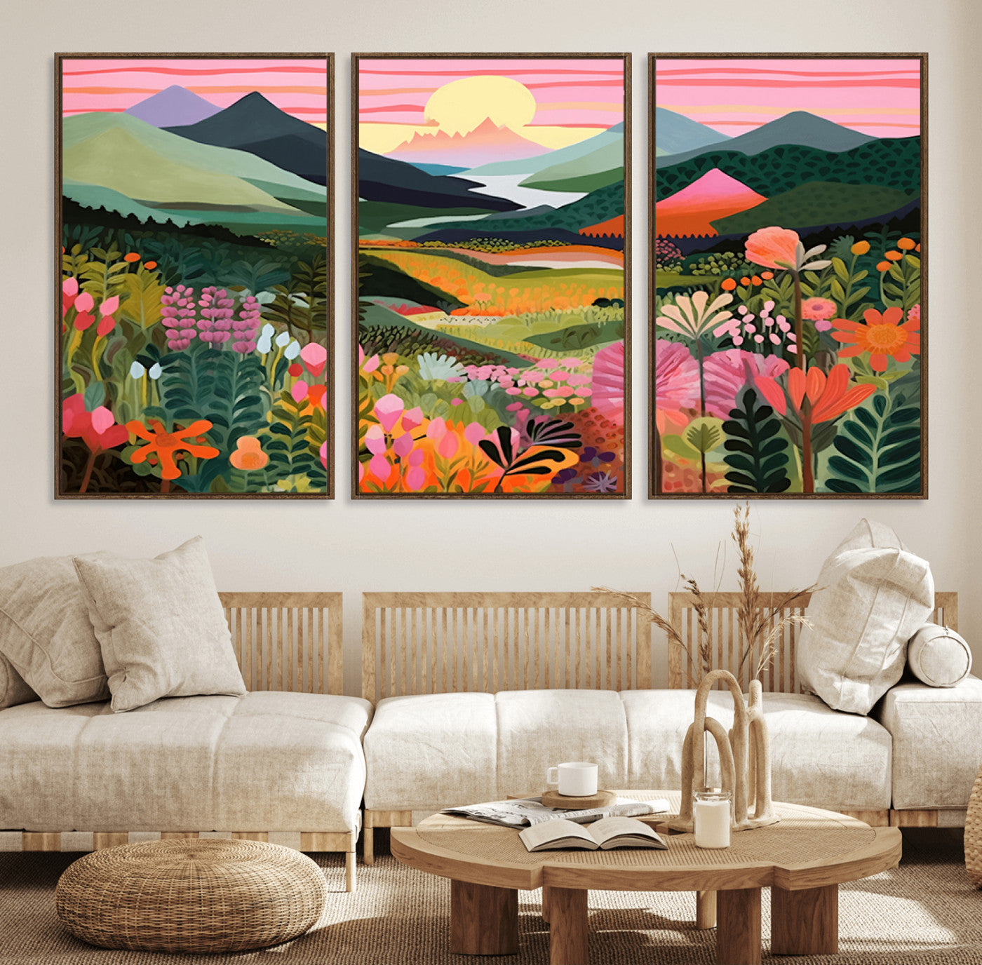 99638-MGV-FC-60X30-3P_Walnut-Sunset Meadow Wall Art – Panoramic Mountain Landscape with Wildflowers Canvas Print, Vibrant Nature Decor for Living Room, Bedroom