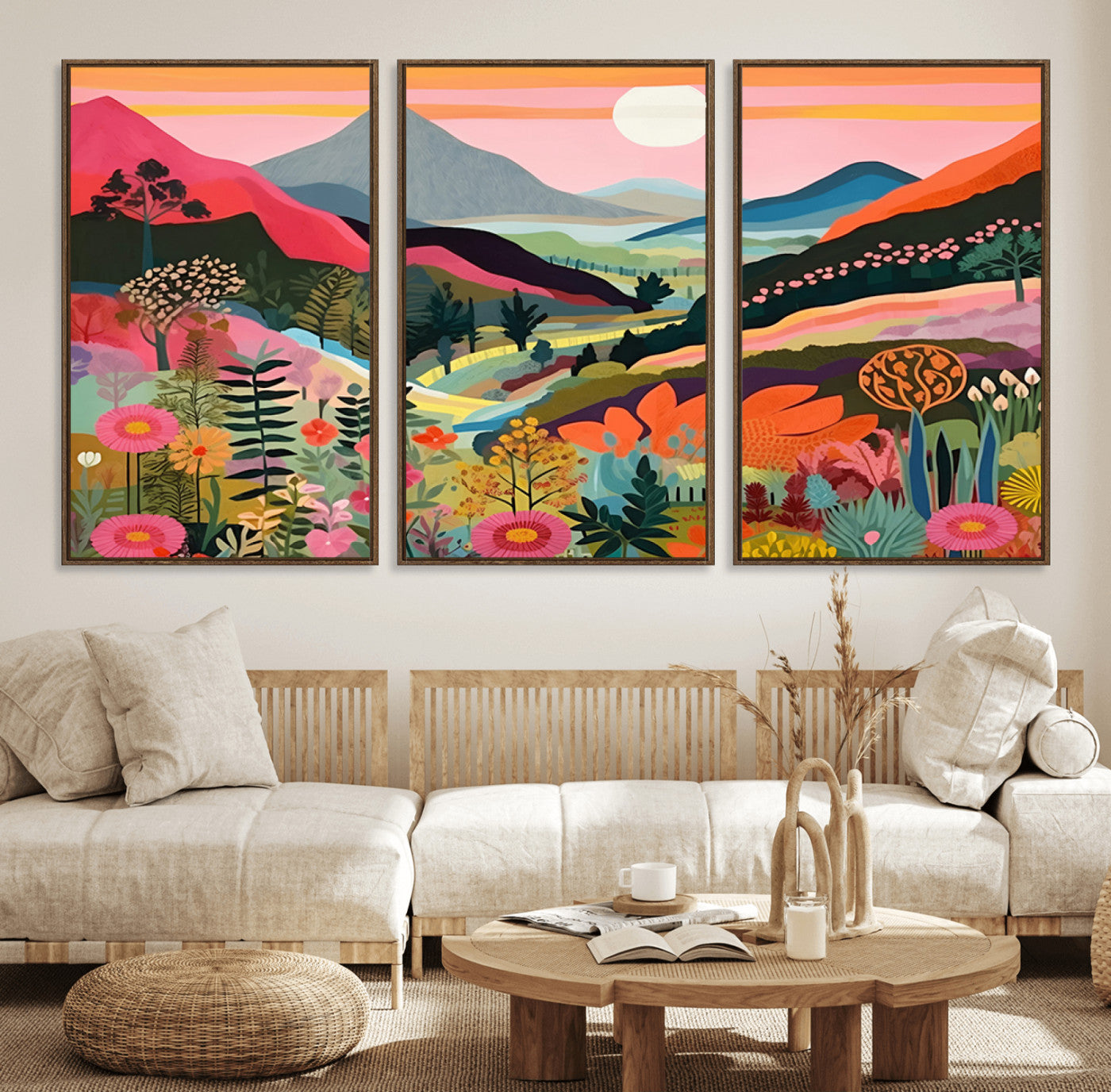 61376-MGV-FC-60X30-3P_Walnut-Floral Valley Wall Art – Panoramic Mountain Landscape Canvas Print, Vibrant Nature Decor for Living Room, Office, or Bedroom