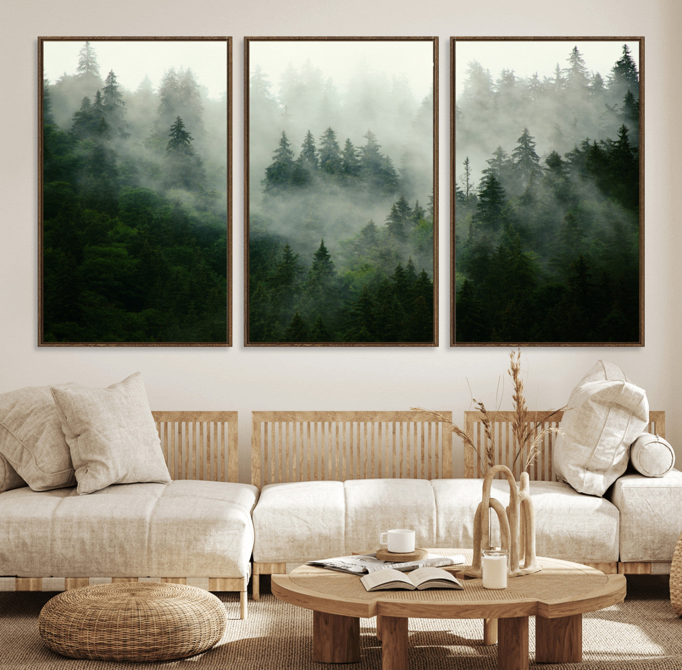 167720496-MGV-FC-60X30-3P_Walnut-Misty Forest Wall Art – Serene Evergreen Trees Canvas Print, Foggy Mountain Nature Landscape Decor for Bedroom, Living Room or
