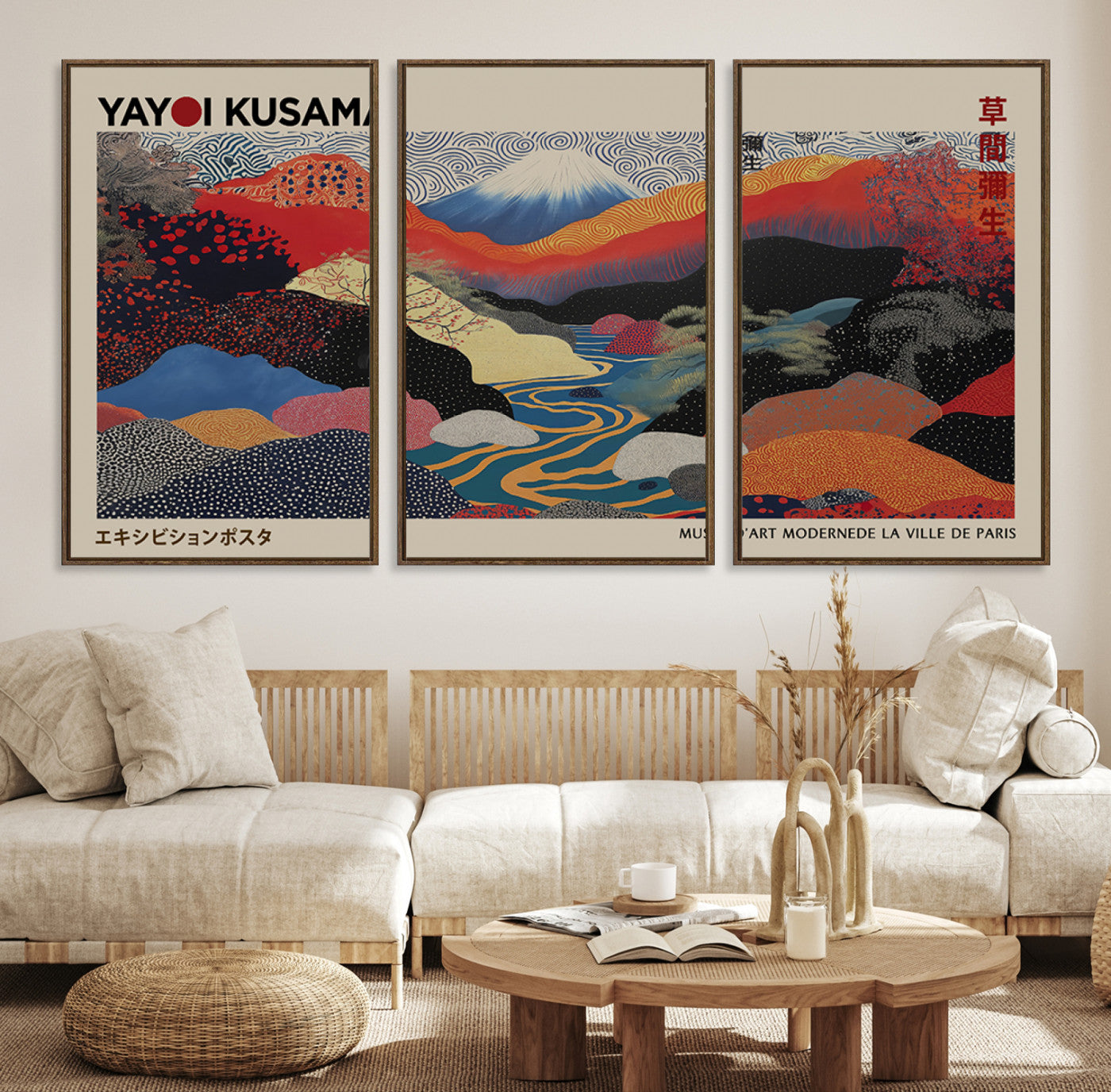49228-MGV-FC-93X47-3P_Black-Kusama Wall Art – Vibrant Japanese Landscape Canvas Print, Modern Abstract Mountain and River Decor for Living Room, Office or Art