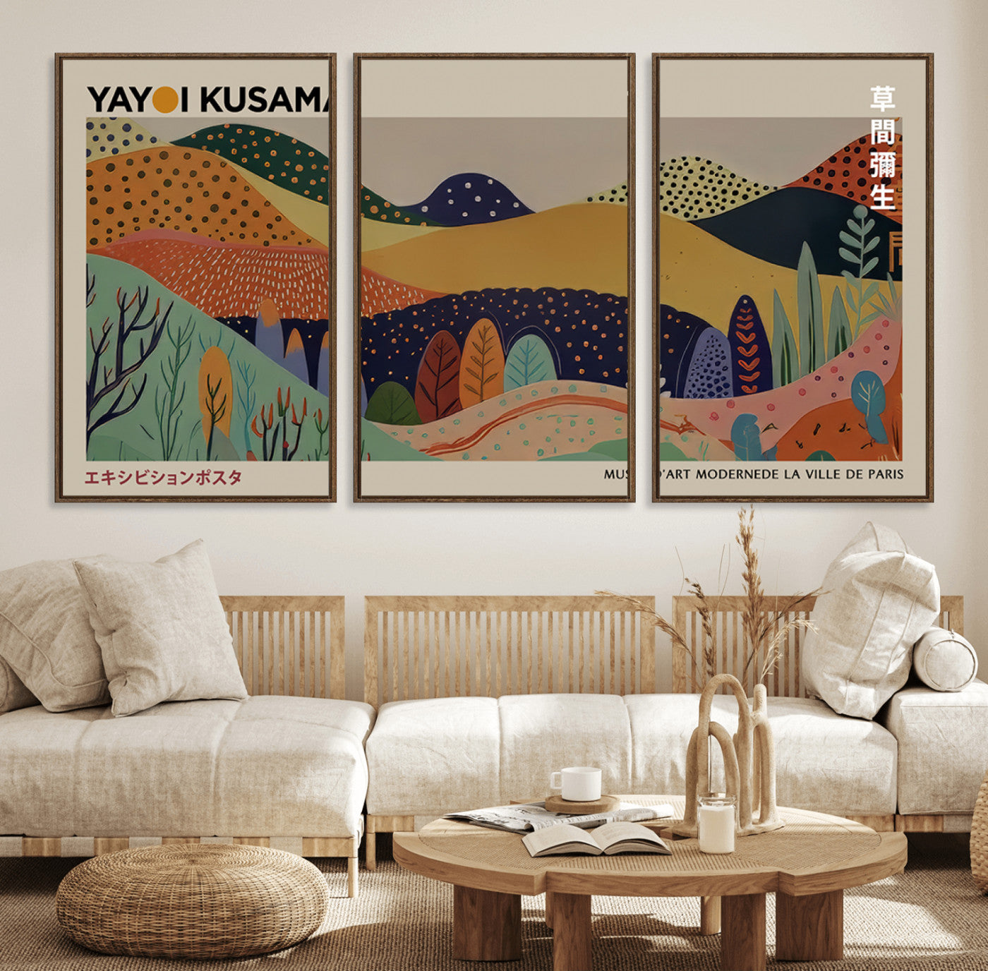 11242-MGV-FC-60X30-3P_Walnut-Kusama Wall Art – Abstract Colorful Hills Canvas Print, Modern Japanese Inspired Landscape Poster for Living Room, Office or