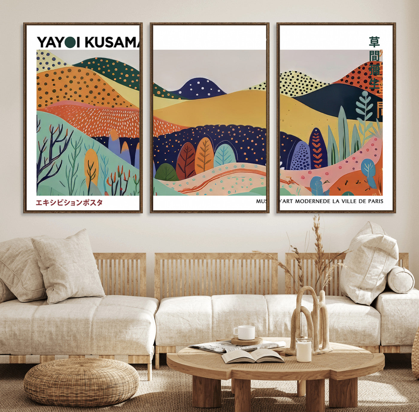 66936-MGV-FC-60X30-3P_Walnut-Kusama Wall Art – Vibrant Abstract Hills Canvas Print, Japanese Modern Landscape Poster for Living Room, Office, Studio or