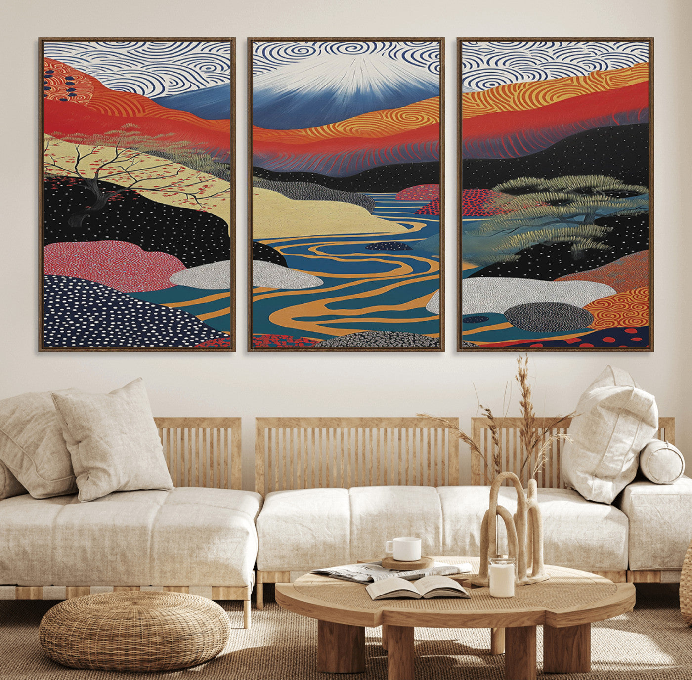 32131-MGV-FC-60X30-3P_Walnut-Japanese Mount Fuji Wall Art – Abstract Landscape Canvas Print with Swirling Sky & River, Modern Minimalist Asian Inspired Poster