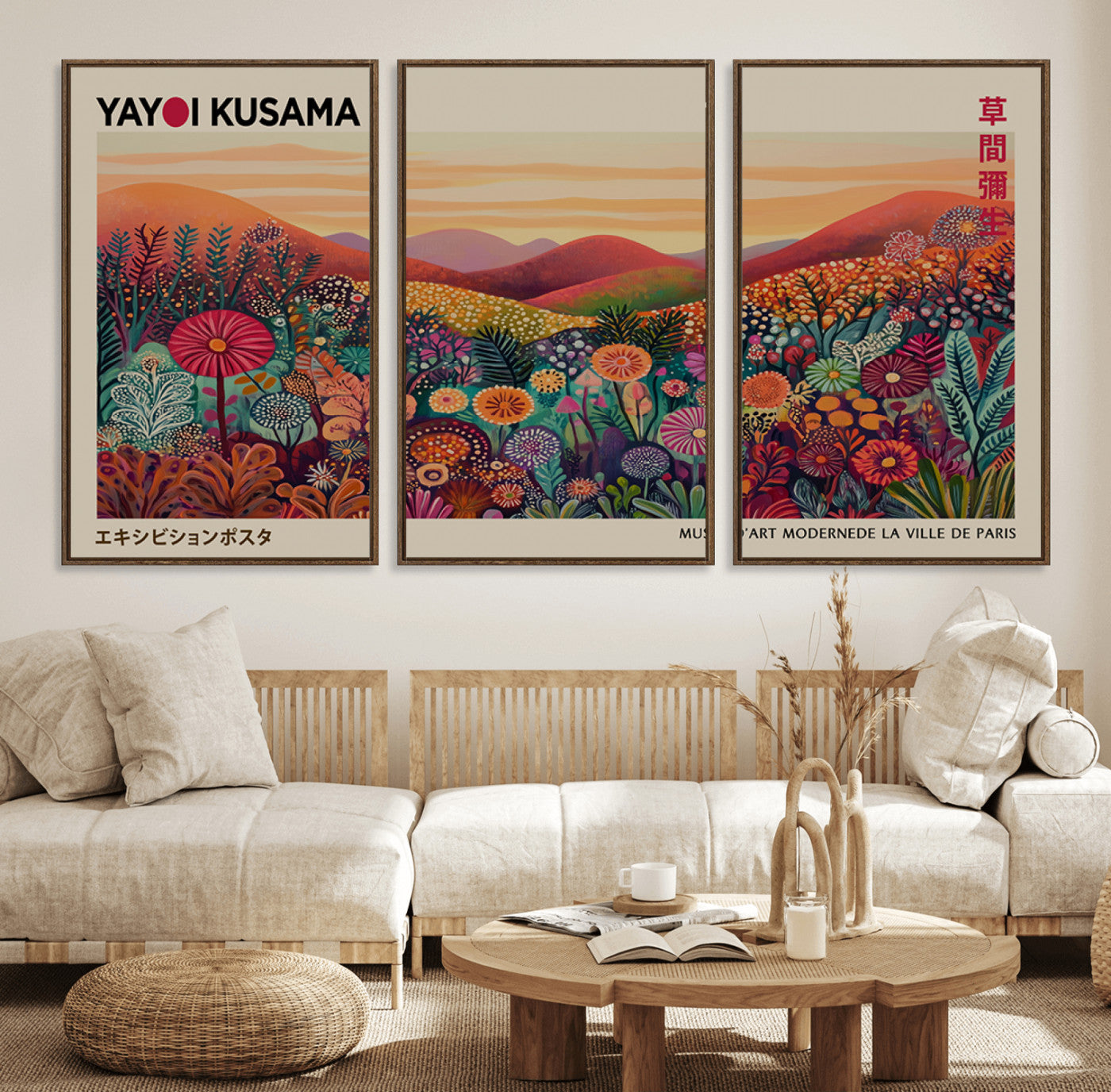 66096-MGV-FC-60X30-3P_Walnut-Yayoi Kusama Wall Art – Sunset Floral Landscape Canvas Print, Vibrant Flower Garden Panorama for Living Room, Bedroom or Office