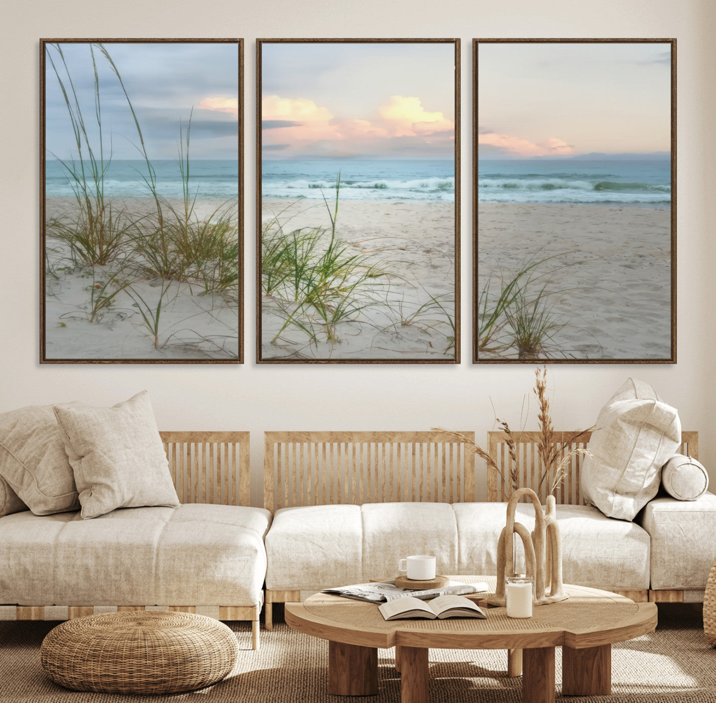 Test1001-MGV-FC-60X30-3P_Walnut-Coastal Beach Wall Art – Panoramic Ocean Waves and Sandy Dunes Canvas Print, Serene Seascape with Sea Oats for Relaxing Home or