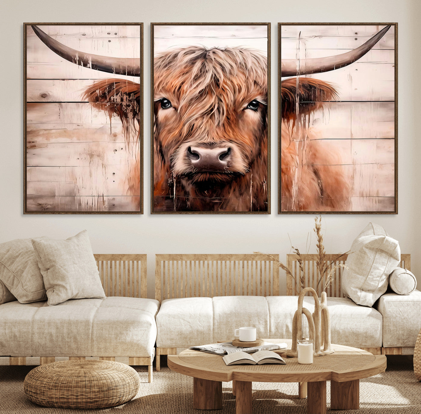 93730-MGV-FC-60X30-3P_Walnut-Scottish Cow Wall Art Canvas Print, Framed Longhorn Cow Art Picture Print, Highland Cattle Perfect Rustic Farmhouse Decor Artwork