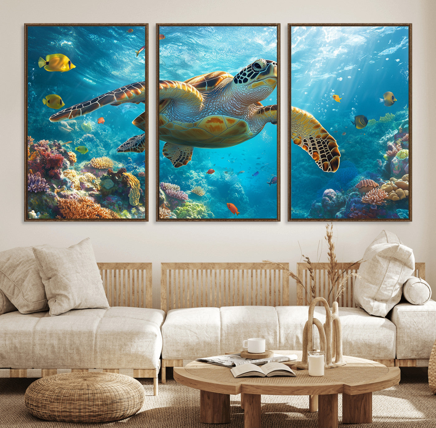 37623-MGV-FC-60X30-3P_Walnut-Sea Turtle Wall Art – Underwater Ocean Canvas Print with Coral Reef and Tropical Fish, Marine Life Painting Poster for Living