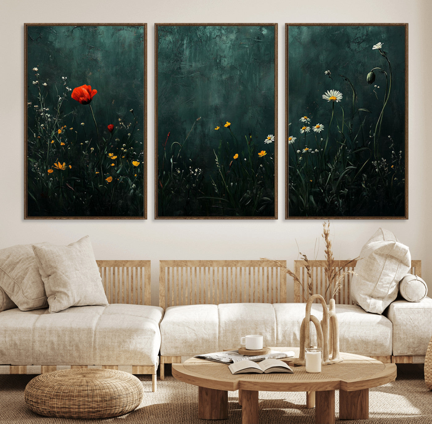 26218-MGV-CV-36X24-Wildflower Wall Art – Dark Botanical Floral Canvas Print, Modern Nature Painting Poster with Daisy Poppy Yellow Flowers for Living