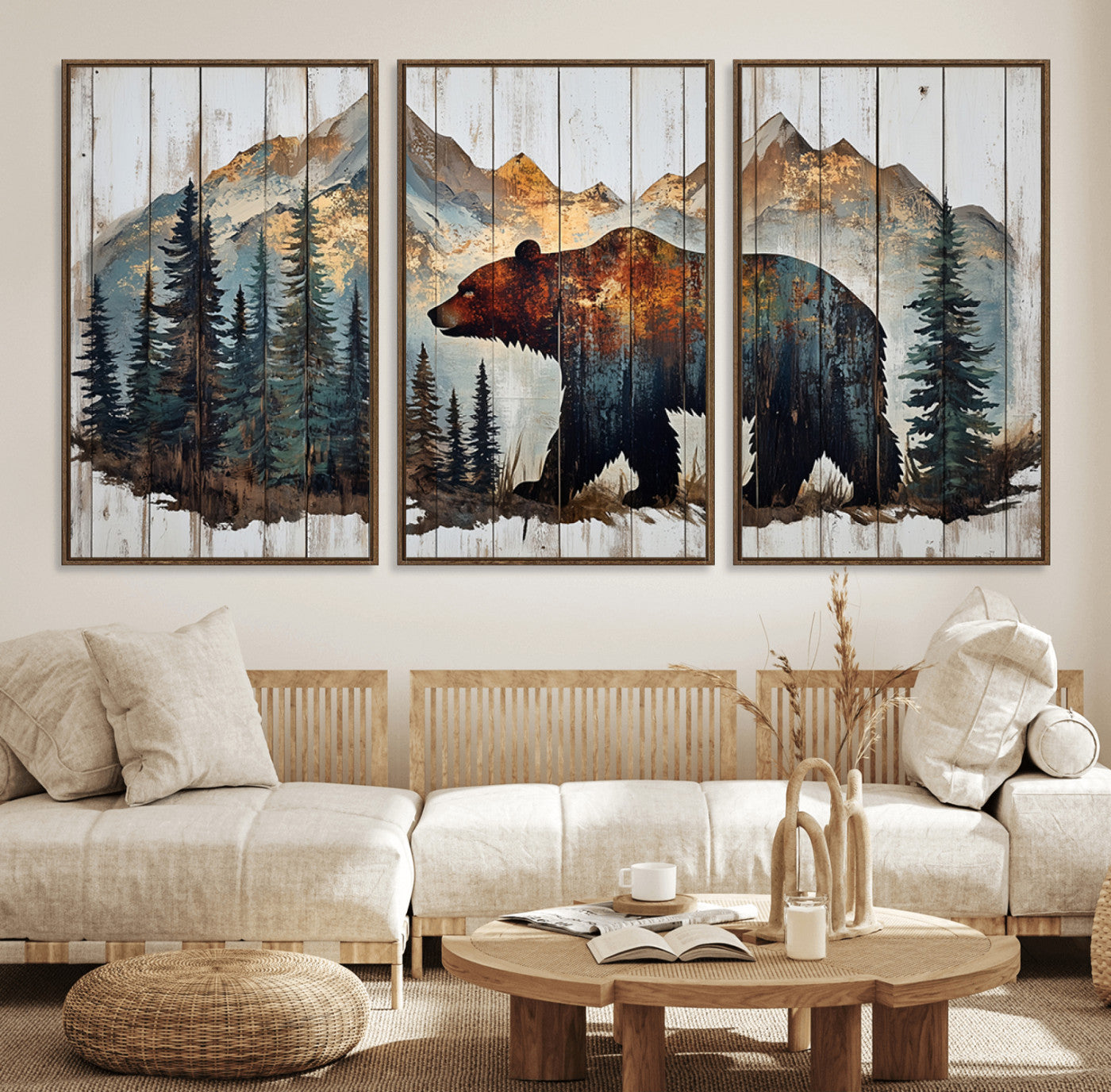 55777-MGV-CV-36X24-Rustic Bear Wall Art Canvas Print, Framed Mountain and Forest Art Picture Print, Wooden Bear Perfect Rustic Lodge Decor Artwork