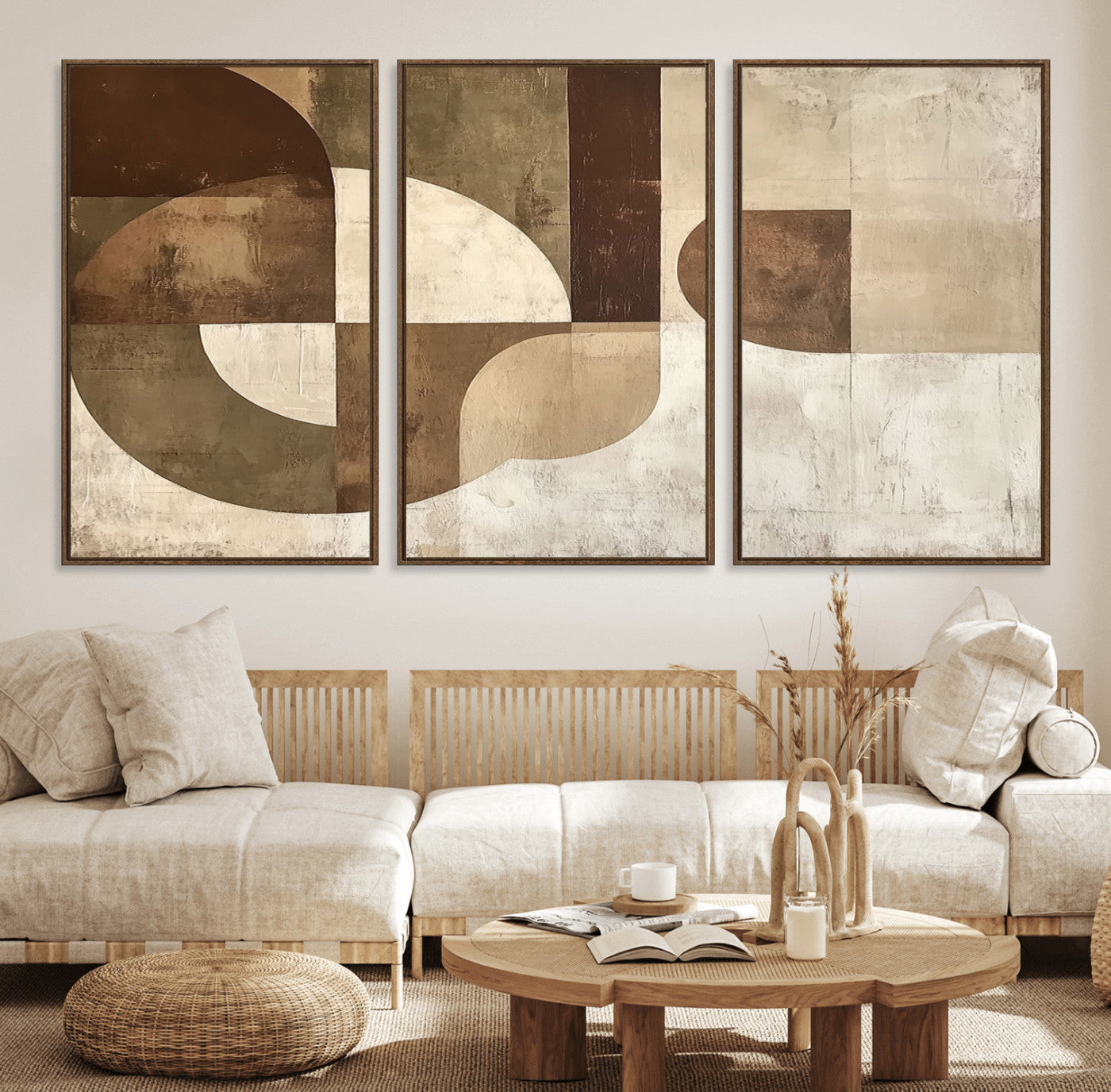 59767-MGV-FC-60X30-3P_Walnut-Abstract Geometric Shapes Wall Art – Modern Minimalist Canvas Print, Neutral Brown Beige Tan Artwork for Living Room, Bedroom,