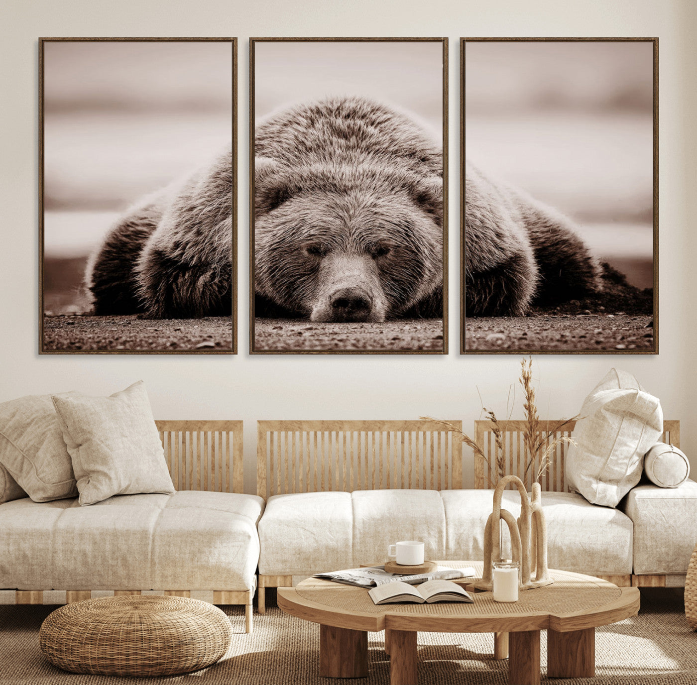 20611-MGV-FC-60X30-3P_Walnut-Grizzly Bear Wall Art – Majestic Wildlife Sepia Canvas Print, Rustic Nature Animal Artwork for Cabin, Lodge, Living Room, Bedroom,