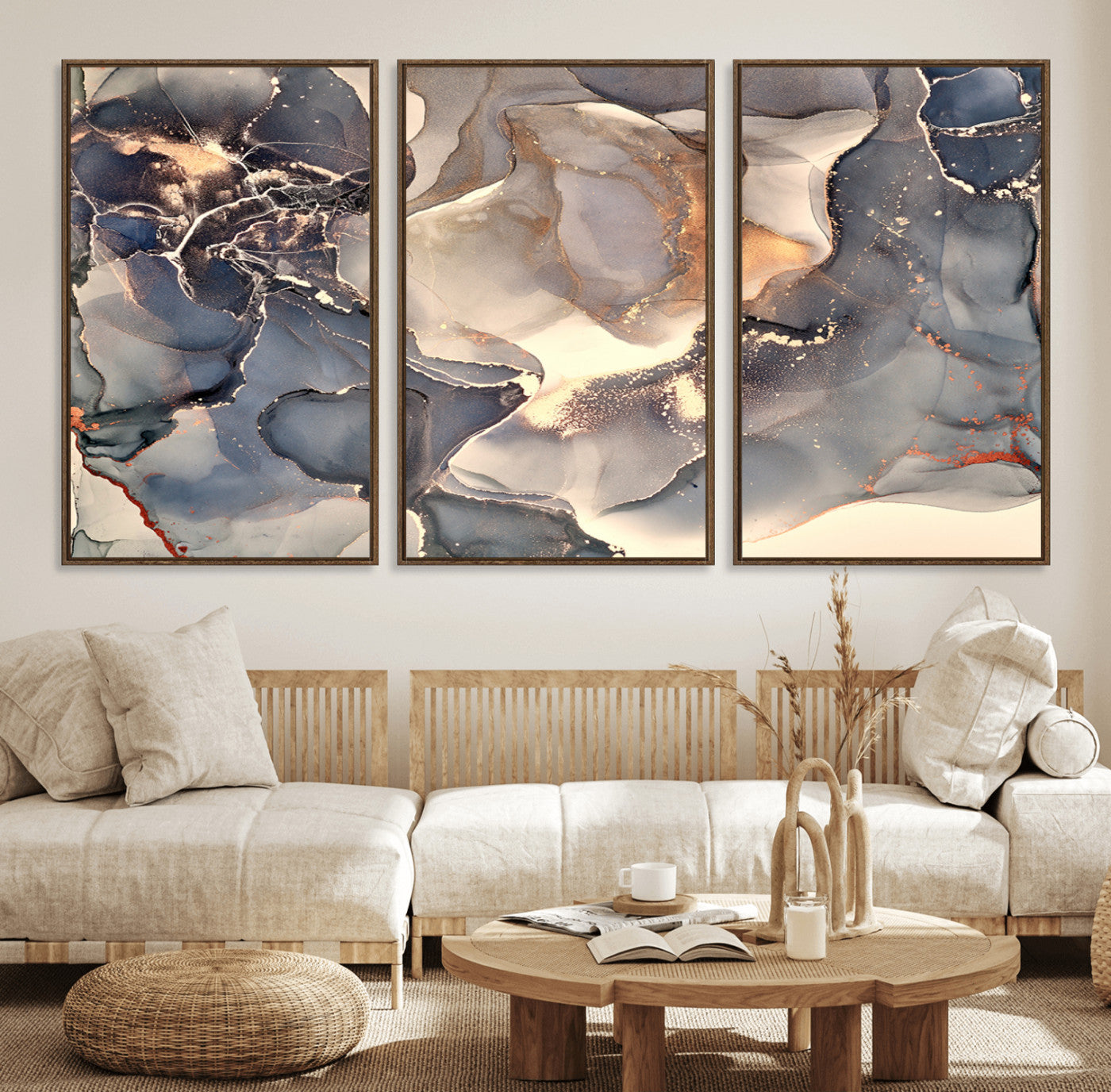 18202-MGV-FC-60X30-3P_Walnut-Abstract Neutral Wall Art – Blue, Beige and Gold Fluid Ink Canvas Print, Modern Minimalist Painting for Living Room, Office