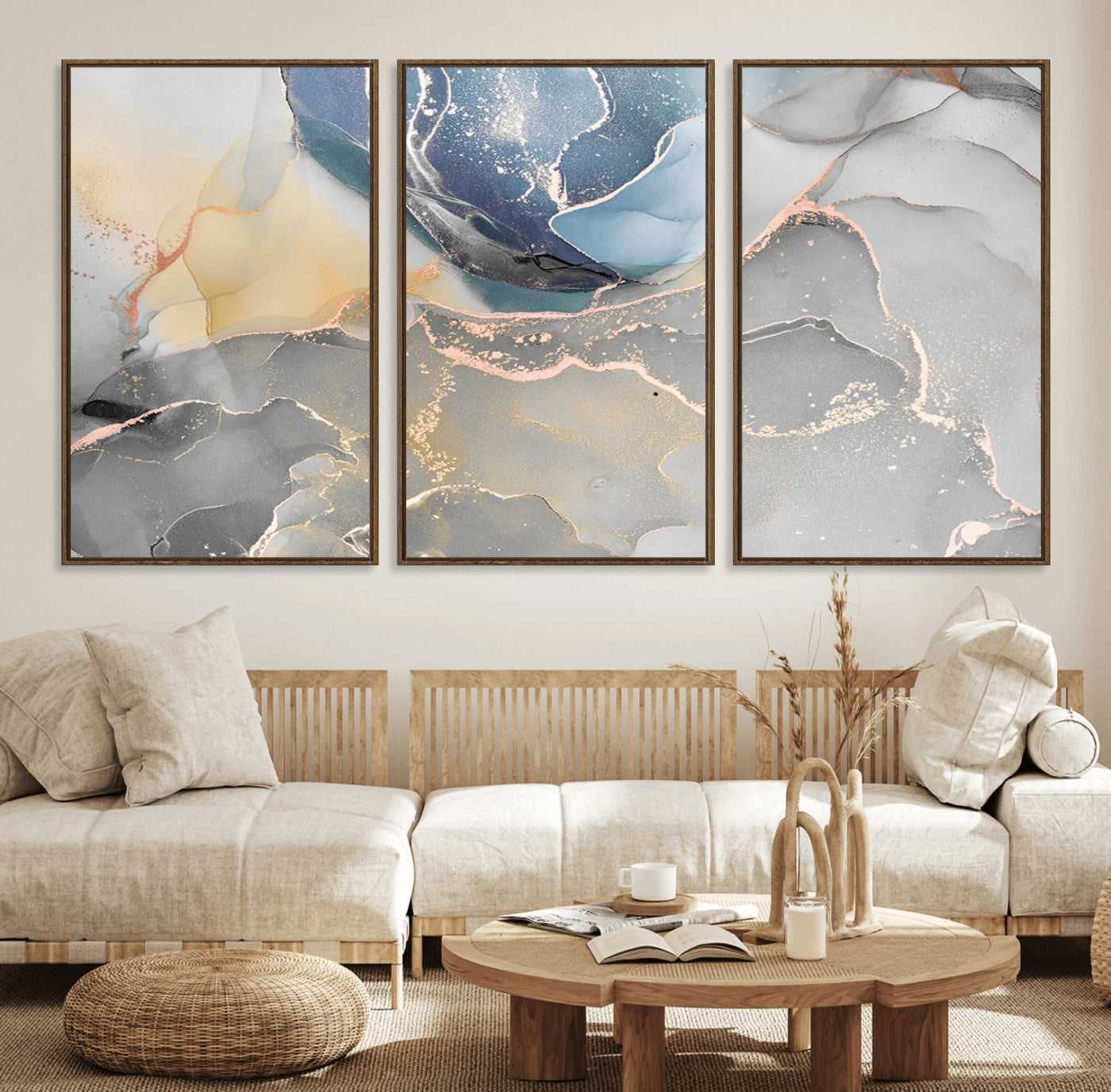 18176-MGV-FC-60X30-3P_Walnut-Abstract Fluid Wall Art – Modern Marble Ink Canvas Print with Blue, Gold, and Gray Tones, Contemporary Minimal Artwork Decor for