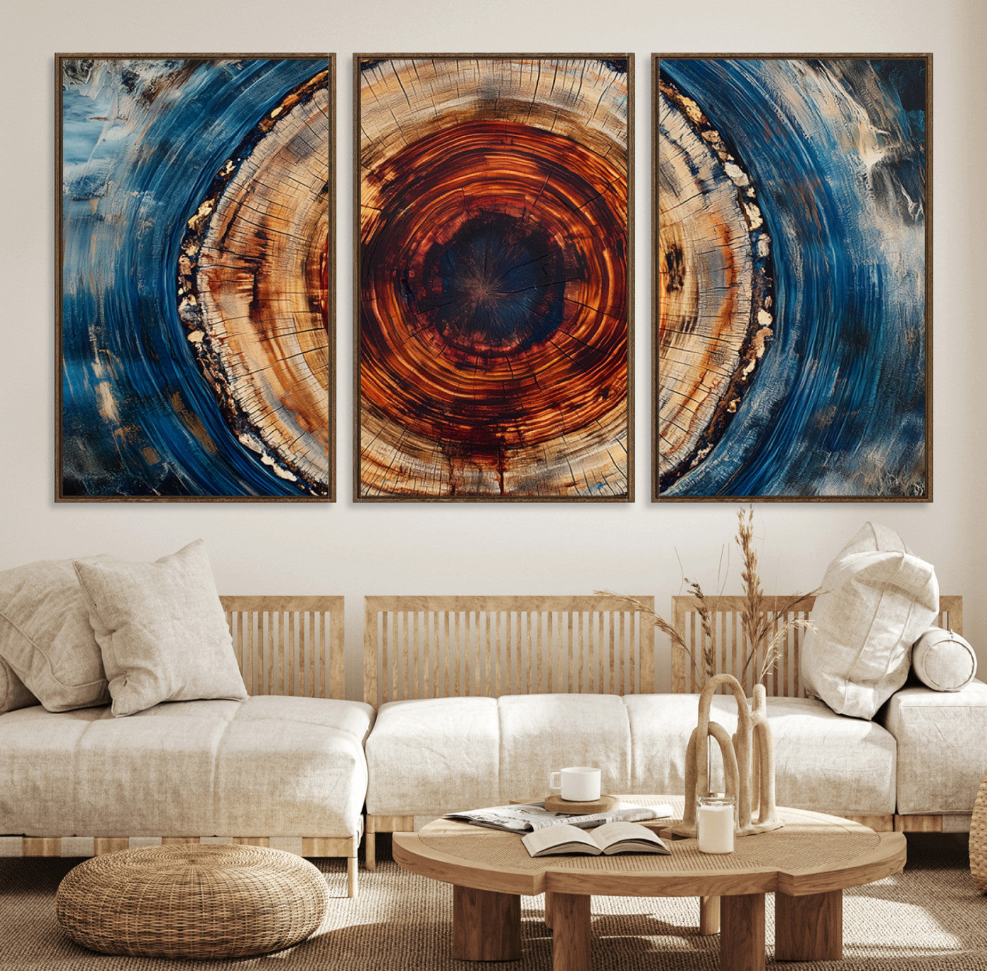 90395-MGV-FC-60X30-3P_Walnut-Tree Ring Wall Art – Abstract Wood Grain Canvas Print with Fiery Red and Blue Tones, Bold Rustic Nature Inspired Artwork Decor for