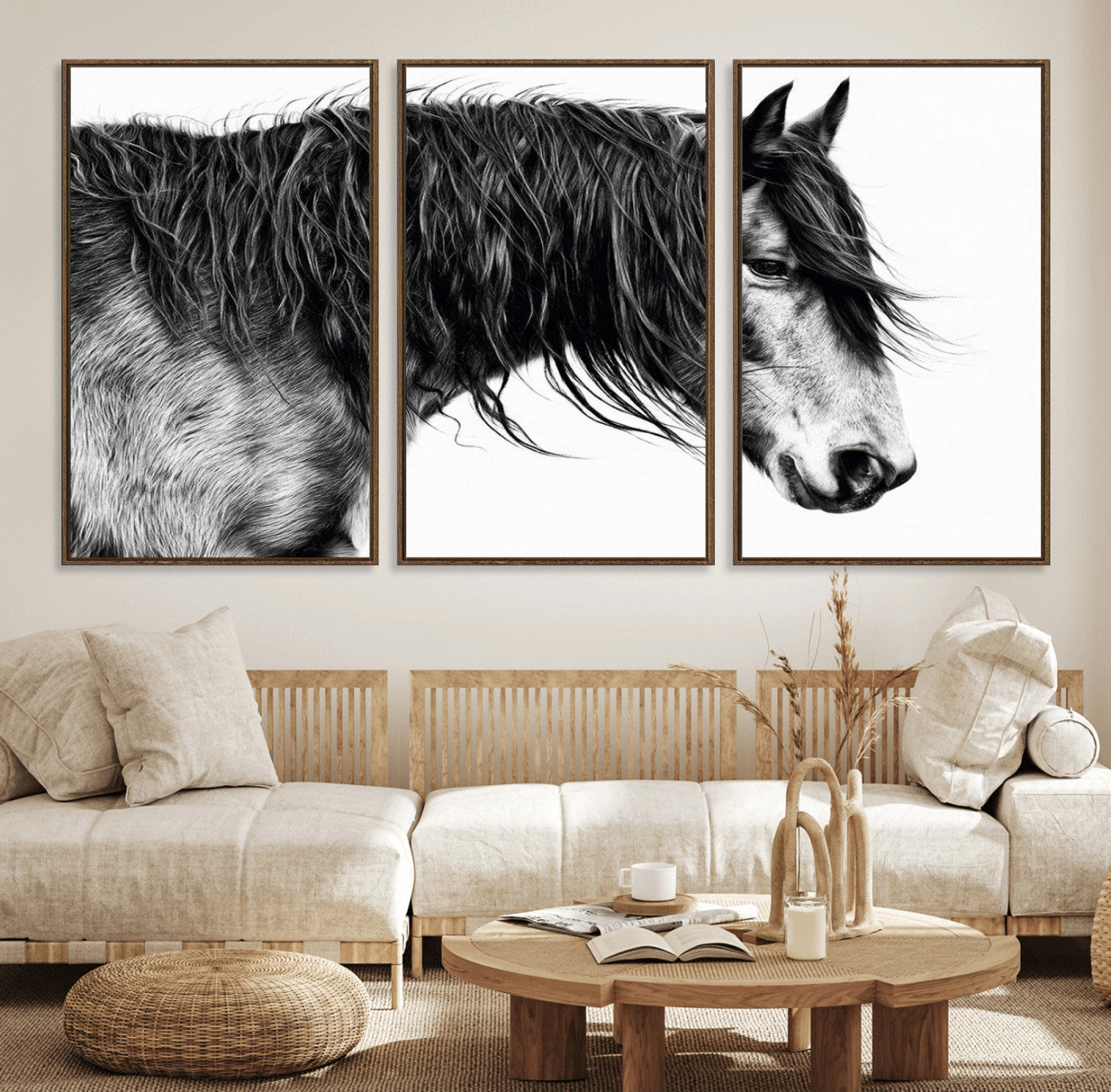 57694-MGV-FC-60X30-3P_Walnut-Horse Portrait Wall Art – Black and White Canvas Print with Detailed Stallion Profile, Rustic Farmhouse Equestrian Artwork for