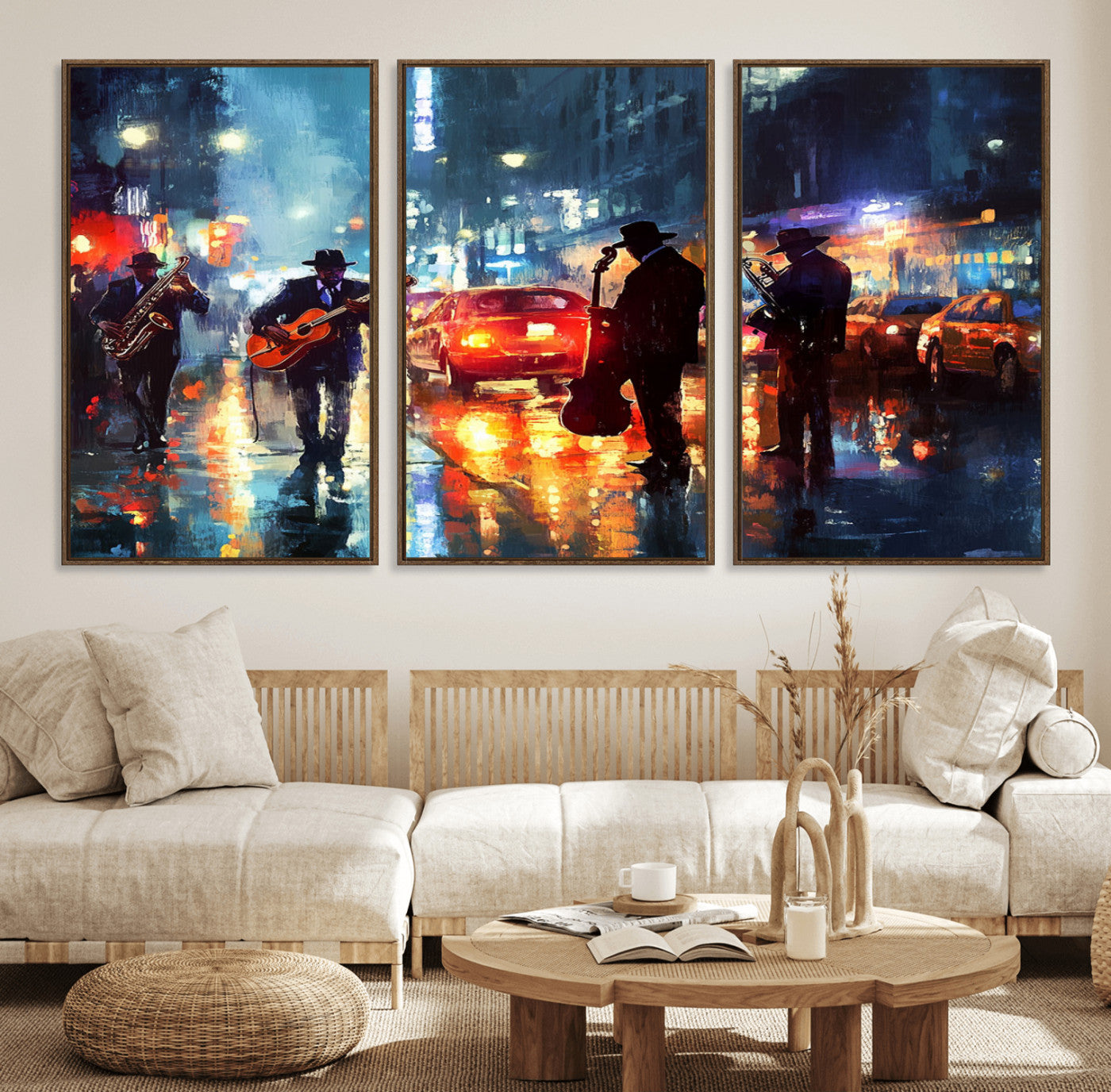94605-MGV-FC-60X30-3P_Walnut-City Jazz Night Wall Art – Vibrant Music Canvas Print Featuring Saxophone, Guitar and Bass Players, Urban Street Scene Artwork for
