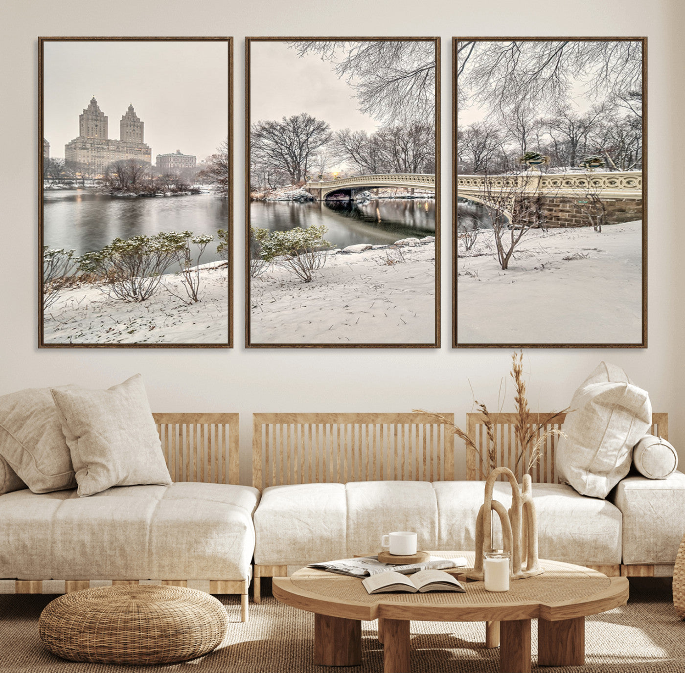 60292-MGV-FC-60X30-3P_Walnut-Central Park Winter Wall Art – Snowy Bow Bridge Canvas Print, Scenic New York City Landscape Photography for Living Room, Bedroom