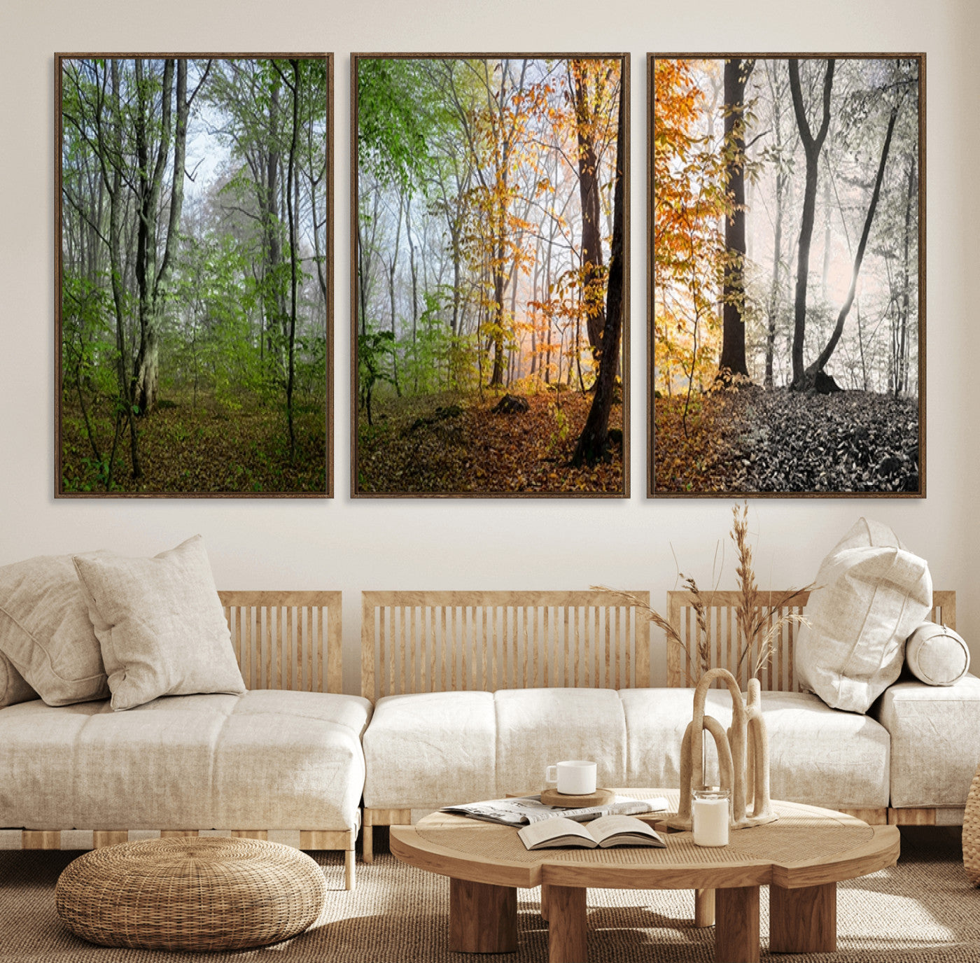 95317-MGV-FC-60X30-3P_Walnut-Four Seasons Forest Wall Art – Panoramic Nature Canvas Print Showing Spring, Summer, Autumn and Winter Landscape for Living Room,