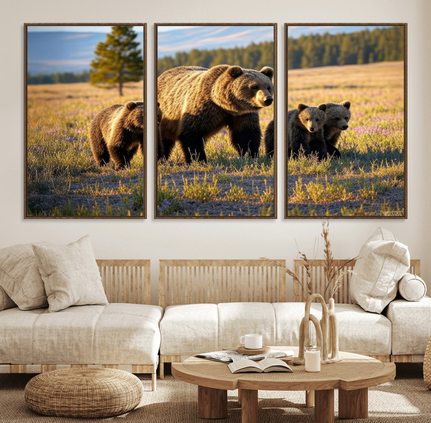 43400-MGV-FC-60X30-3P_Walnut-Bear Family Wall Art – Wildlife Canvas Print of Mother Bear with Cubs in Sunlit Meadow, Rustic Animal Artwork for Living Room,