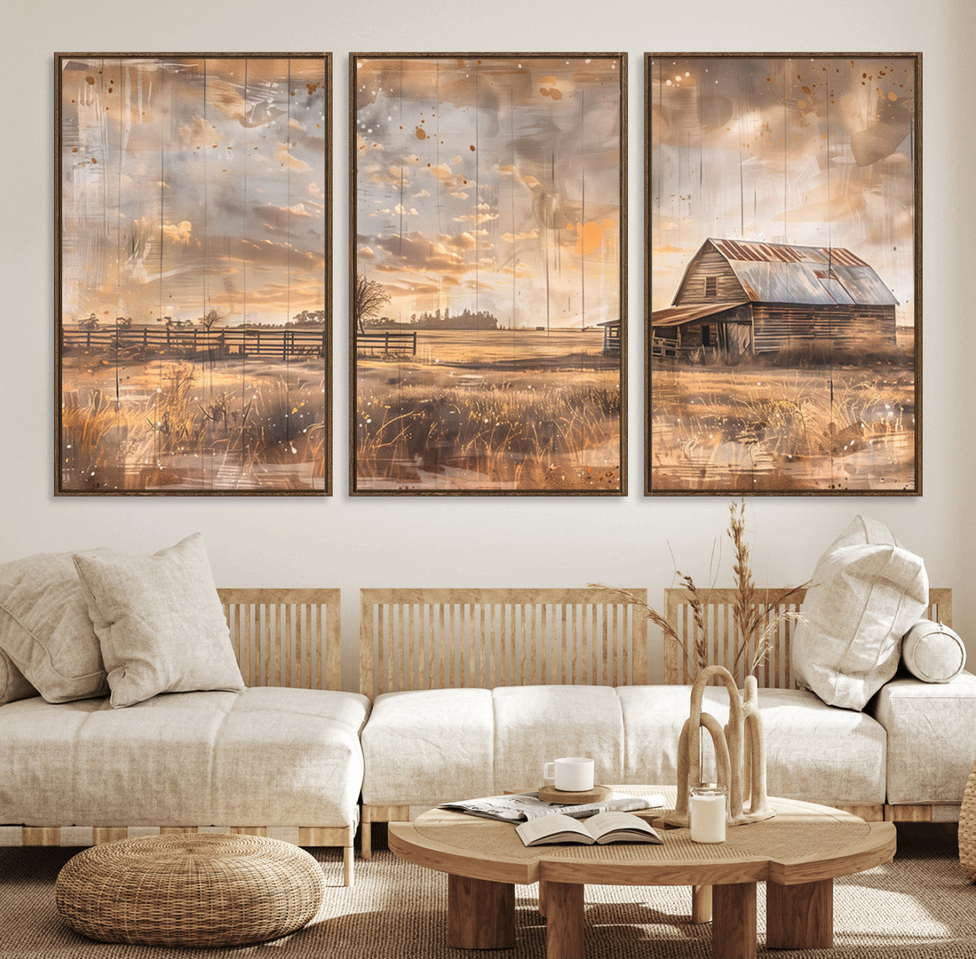 FARM2-MGV-FC-60X30-3P_Walnut-Rustic Farmhouse Wall Art Canvas Print, Framed Old Barn Art Picture Print, Southwestern Farmhouse Perfect Rustic Decor Artwork