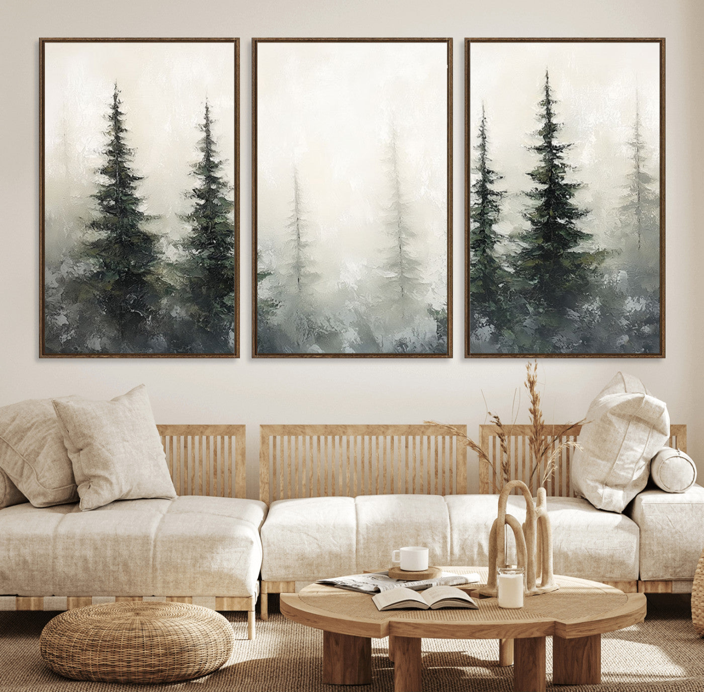 33241-MGV-FC-60X30-3P_Walnut-Misty Forest Wall Art Canvas Print, Framed Foggy Pines Art Picture Print, Forest Haze Perfect Rustic Minimalist Decor Artwork