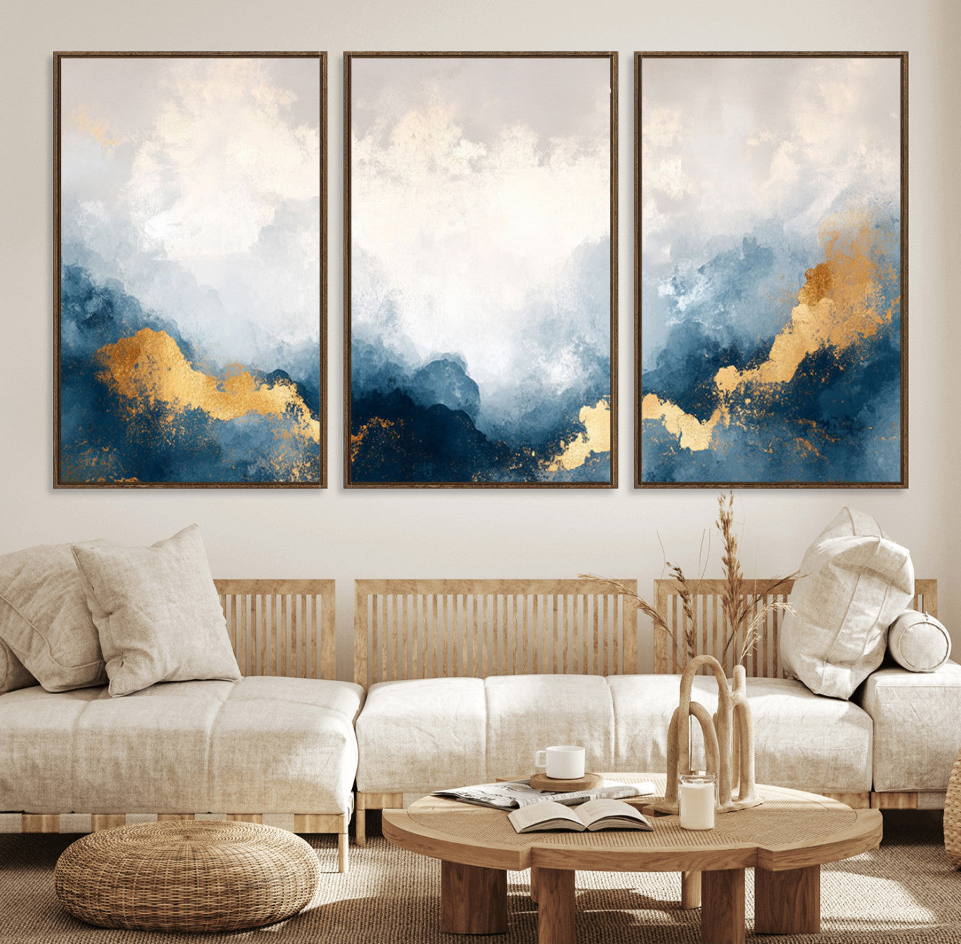 14578-MGV-FC-60X30-3P_Walnut-Abstract Wall Art – Modern Canvas Print Featuring Blue and White Clouds with Golden Accents, Contemporary Elegant Artwork for
