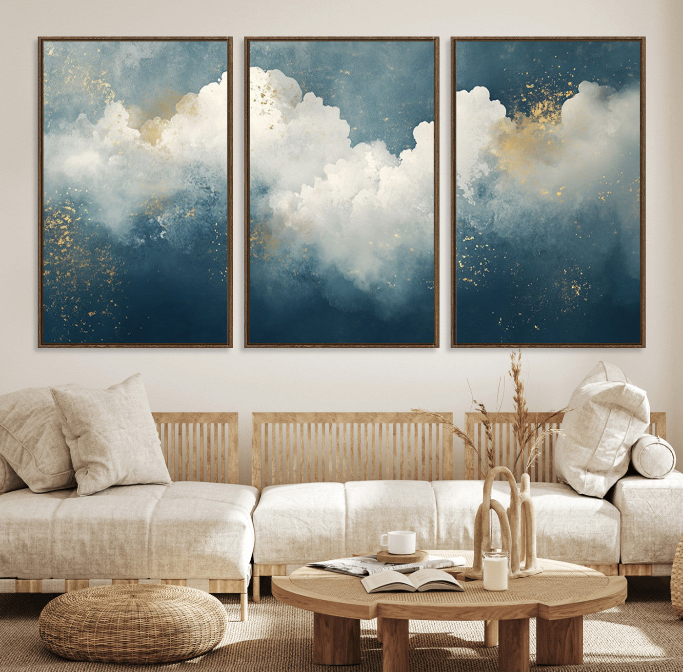 75131-MGV-FC-60X30-3P_Walnut-Abstract Cloud Wall Art – Modern Canvas Print Featuring Blue and White Clouds with Golden Accents, Contemporary Artwork for Living