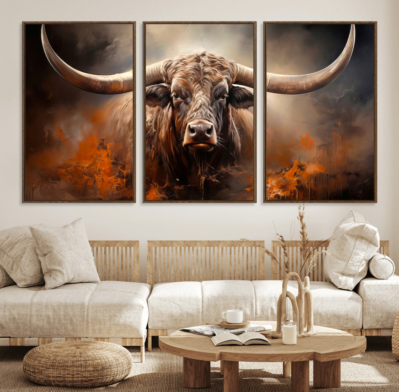 240479-MGV-FC-60X30-3P_Walnut-Longhorn Bull Wall Art – Dramatic Western Canvas Print Featuring Horned Bull with Fiery Background, Rustic Farmhouse Artwork for