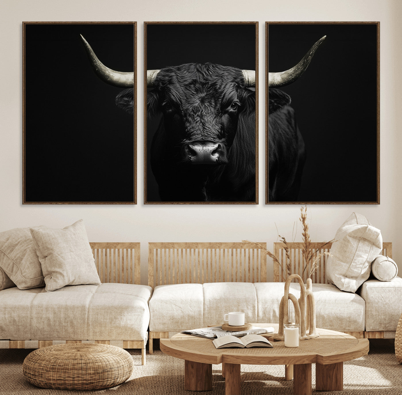 97914921-MGV-FC-60X30-3P_Walnut-Black Bull Wall Art Canvas Print, Framed Longhorn Bull Art Picture Print, Western Bull Perfect Monochrome Western Decor Artwork