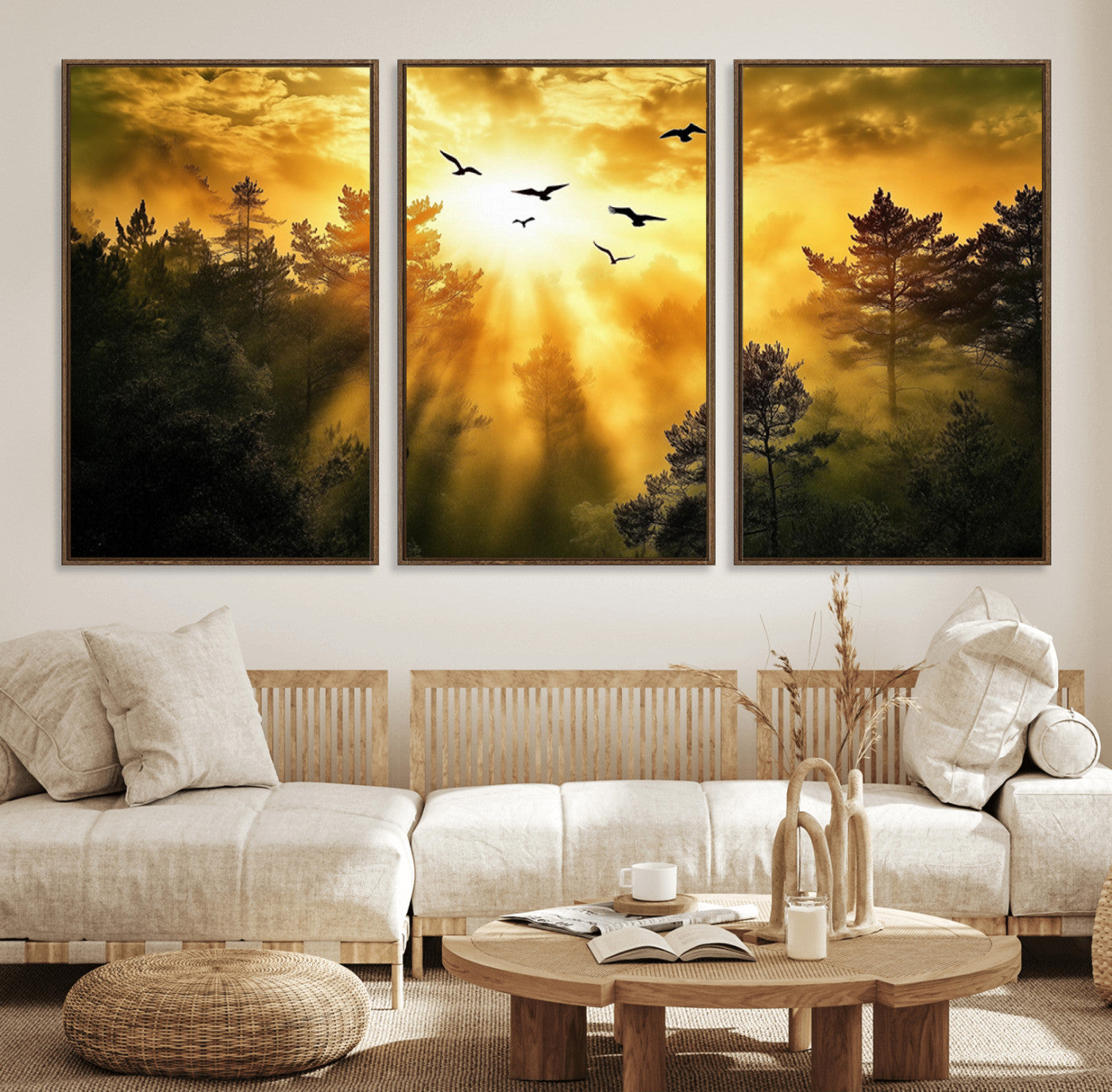 13776802-MGV-CV-36X24-Golden Forest Wall Art Canvas Print, Framed Sunset Pines Art Picture Print, Flying Birds Perfect Nature Glow Decor Artwork