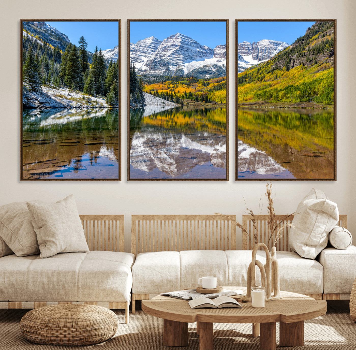 87724099-MGV-FC-60X30-3P_Walnut-Maroon Bells Wall Art Canvas Print, Framed Snowy Mountains Art Picture Print, Pine Forest Perfect Vibrant Alpine Decor Artwork