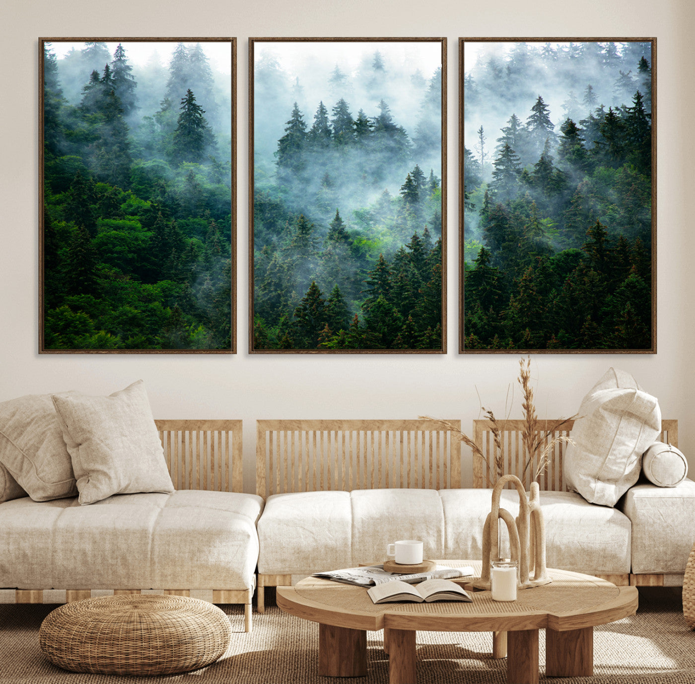 17393683-MGV-FC-60X30-3P_Walnut-Misty Forest Art Wall Art Canvas Print, Framed Foggy Mountain Art Art Picture Print, Scenic Wall Print Perfect Decor Artwork