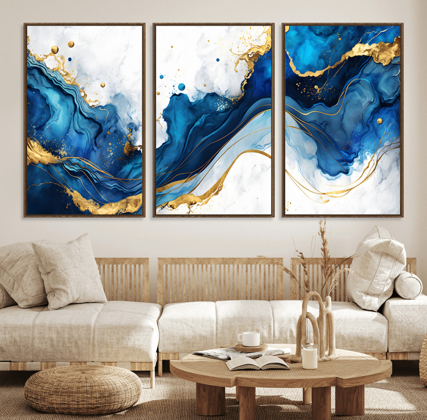 33506371-MGV-FC-60X30-3P_Walnut-Blue Marble Wall Art Canvas Print, Framed Gold Splash Art Picture Print, Abstract Wave Perfect Modern Luxe Decor Artwork