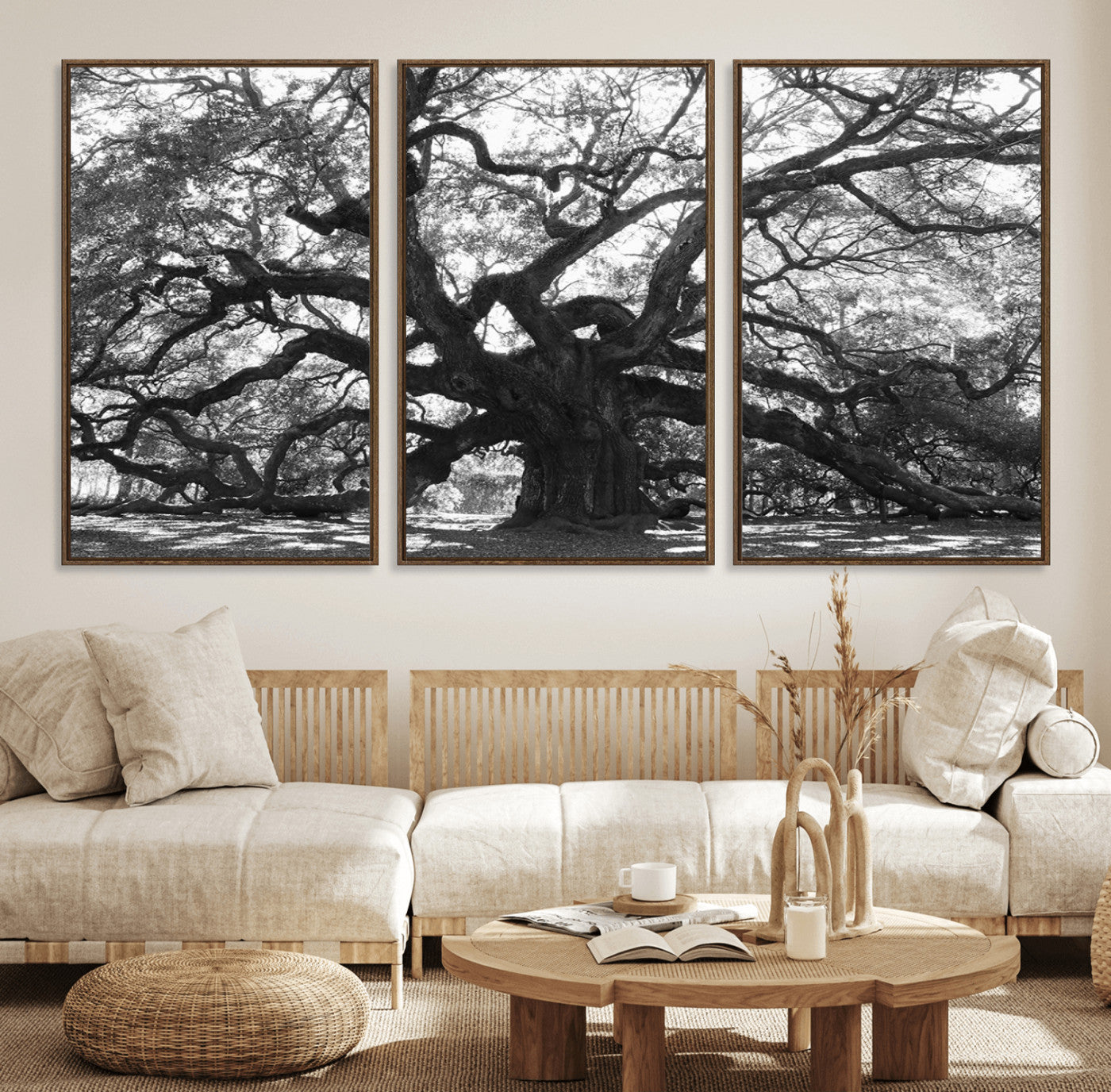 81655611-MGV-FC-60X30-3P_Walnut-Ancient Oak Wall Art Canvas Print, Framed Twisted Branches Art Picture Print, Gnarled Tree Perfect Moody Nature Decor Artwork