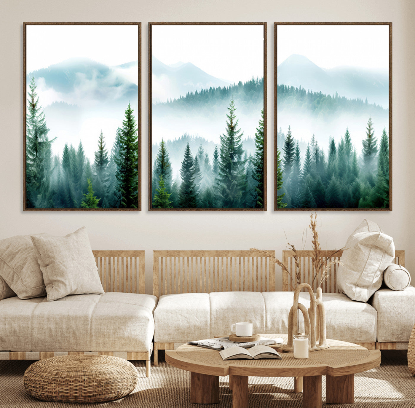 16716676-MGV-FC-60X30-3P_Walnut-Pine Forest Wall Art Canvas Print, Framed Misty Mountains Art Picture Print, Foggy Trees Perfect Moody Forest Decor Artwork
